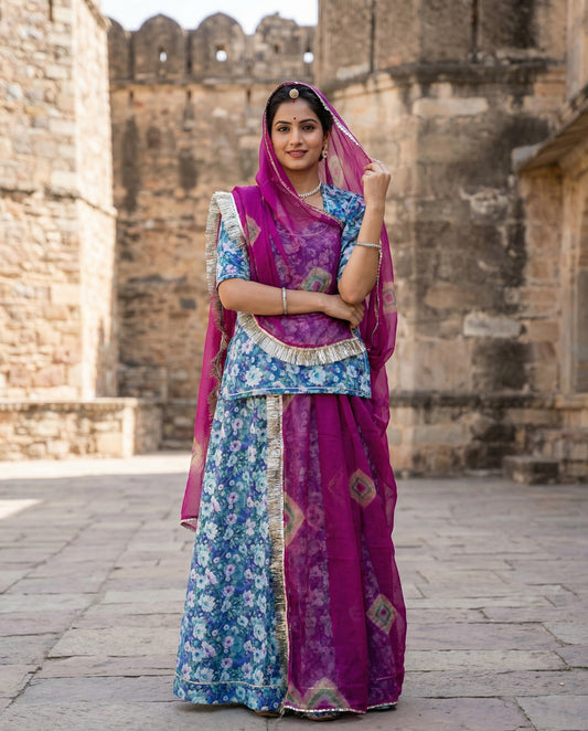 Teal Blue Floral Rajputi Poshak Fabric (4 Meters) with Rani Pink Bandhani Odhani | Soft Traditional Wear