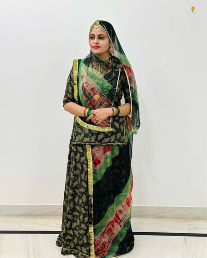 Baisa Foil Printed BSY Fabric Mehndi Colour – Traditional Rajasthani Poshak Material
