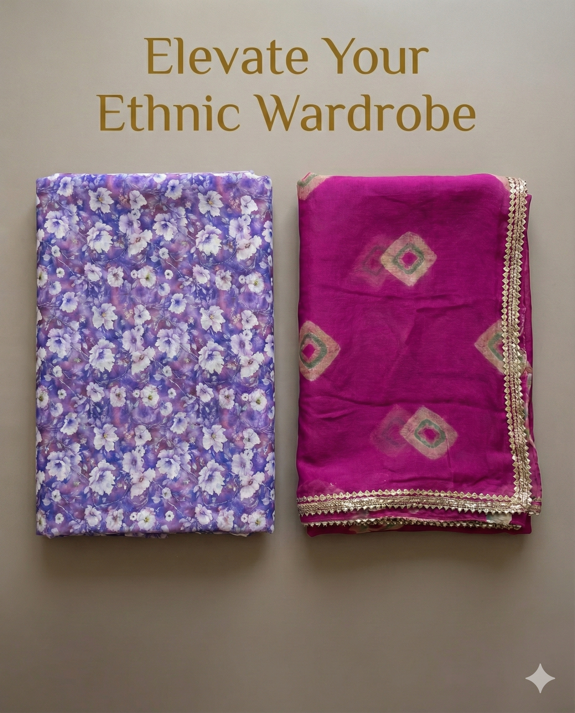 Lavender Floral Rajputi Poshak Fabric (4 Meters) with Magenta Bandhani Odhani | Soft Ethnic Wear