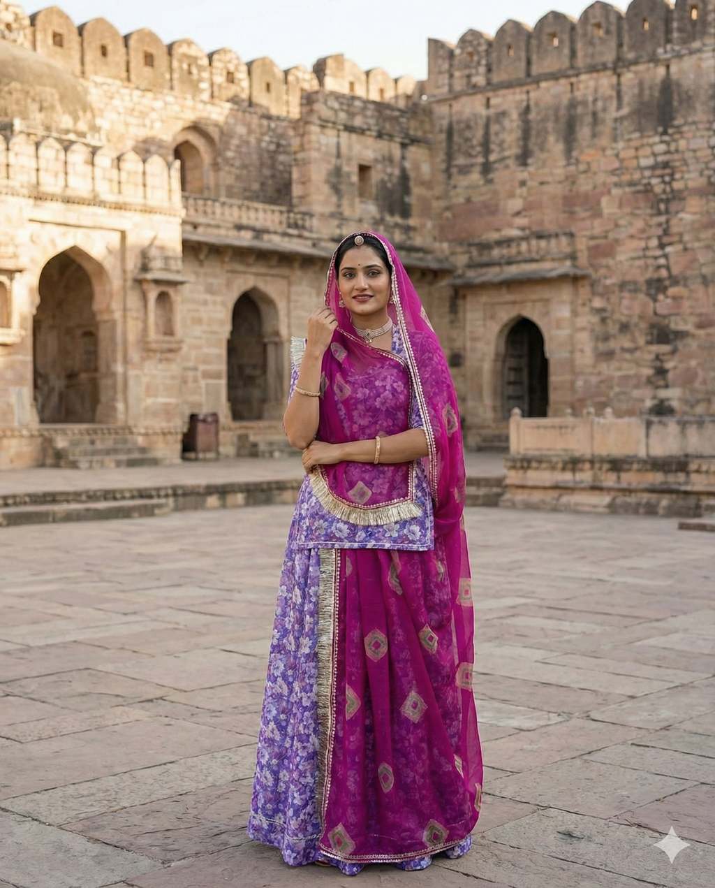 Lavender Floral Rajputi Poshak Fabric (4 Meters) with Magenta Bandhani Odhani | Soft Ethnic Wear