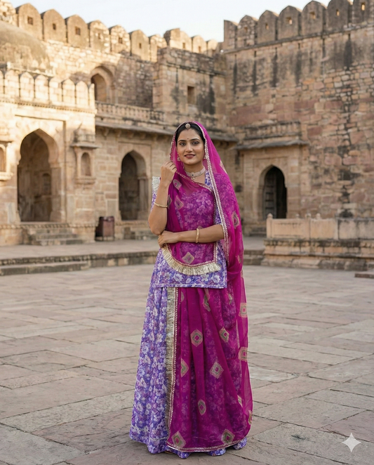 Lavender Floral Rajputi Poshak Fabric (4 Meters) with Magenta Bandhani Odhani | Soft Ethnic Wear