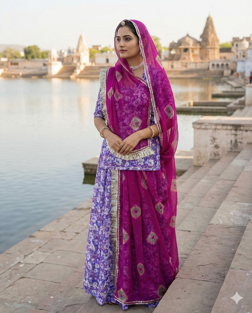 Lavender Floral Rajputi Poshak Fabric (4 Meters) with Magenta Bandhani Odhani | Soft Ethnic Wear