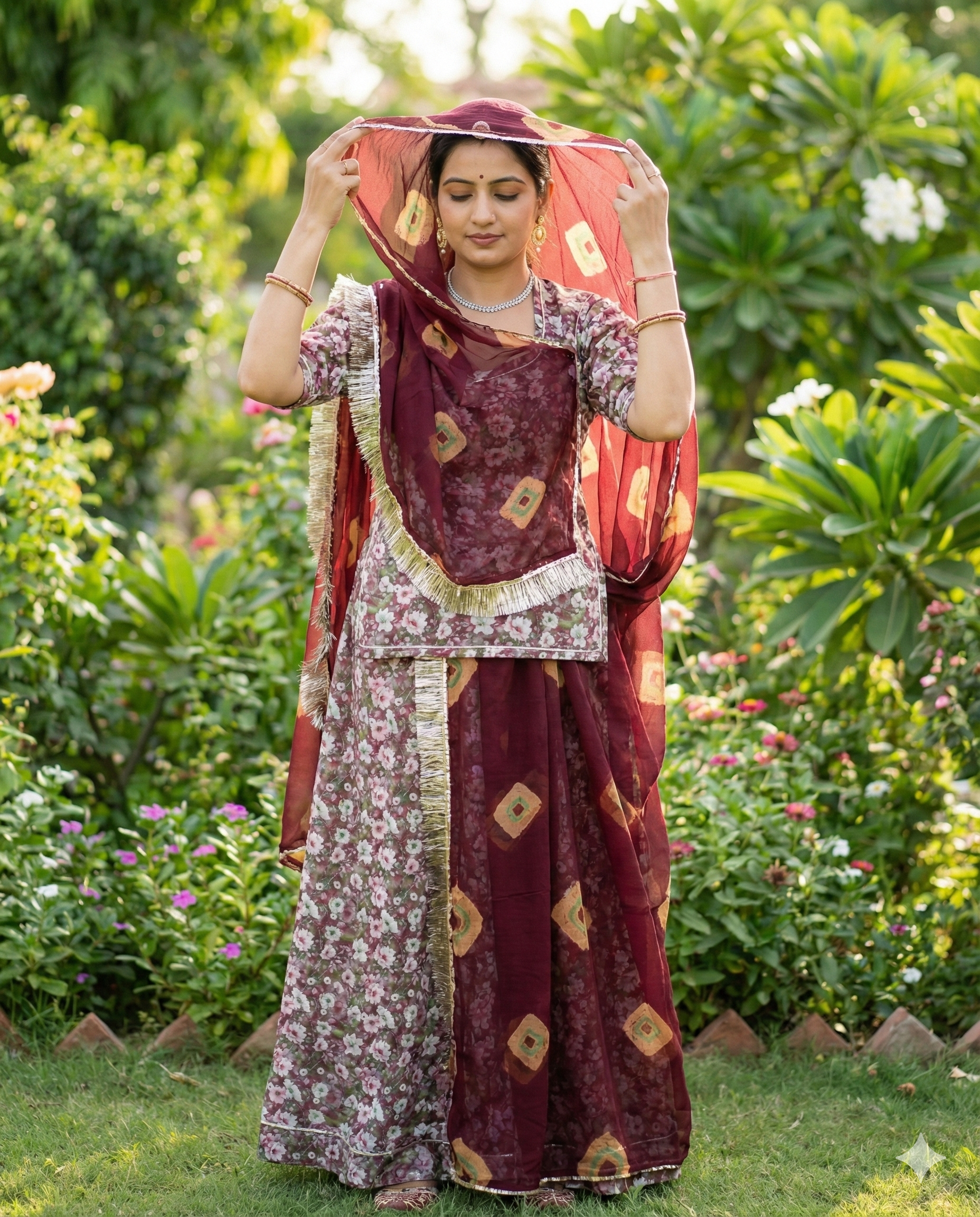 Dusty Mauve Floral Rajputi Poshak Fabric with Deep Maroon Bandhani Odhani | Soft Traditional Wear
