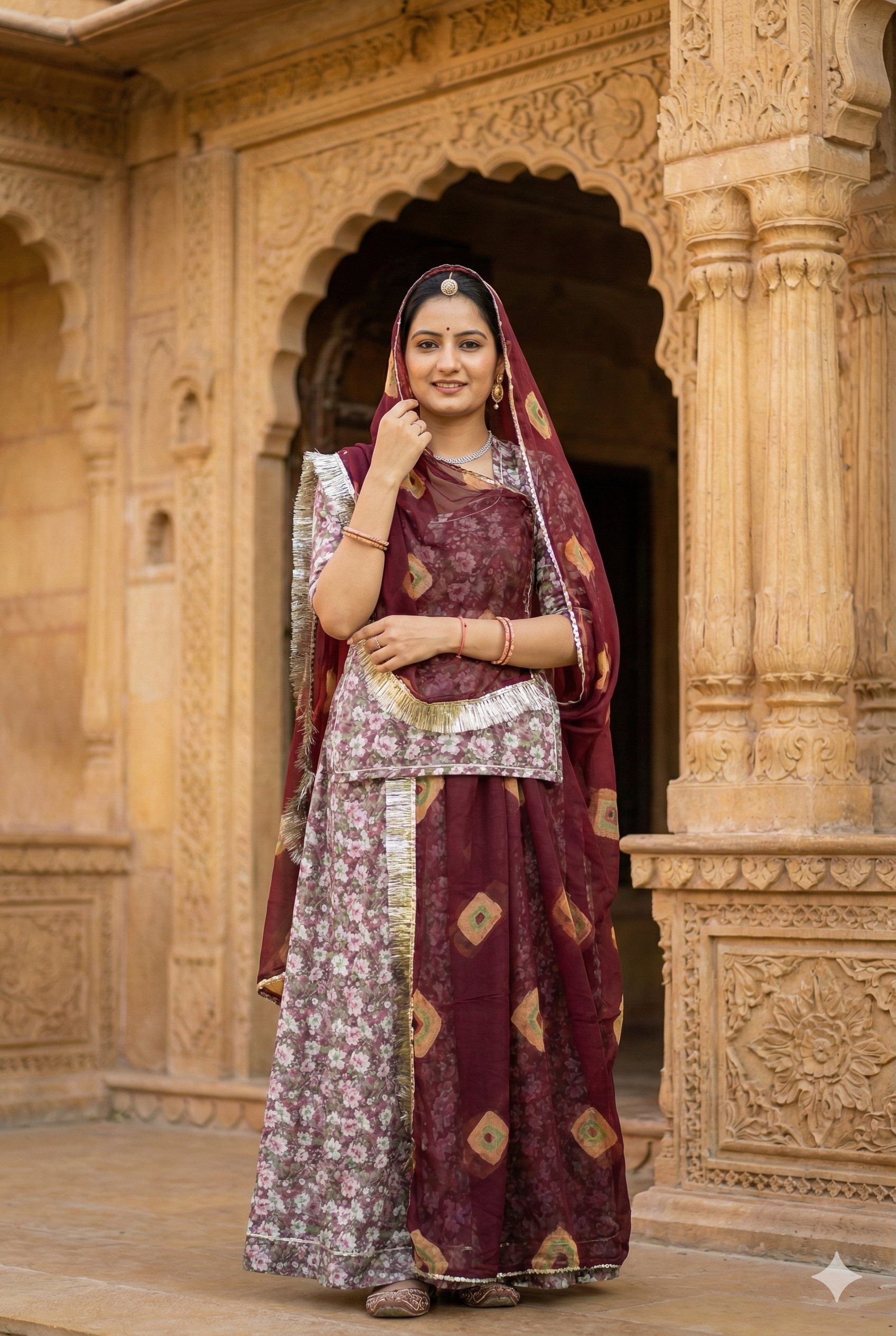 Dusty Mauve Floral Rajputi Poshak Fabric with Deep Maroon Bandhani Odhani | Soft Traditional Wear