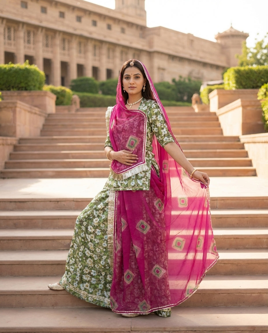 Olive Green Floral Rajputi Poshak Fabric with Rani Pink Bandhani Odhani | Soft Ethnic Wear