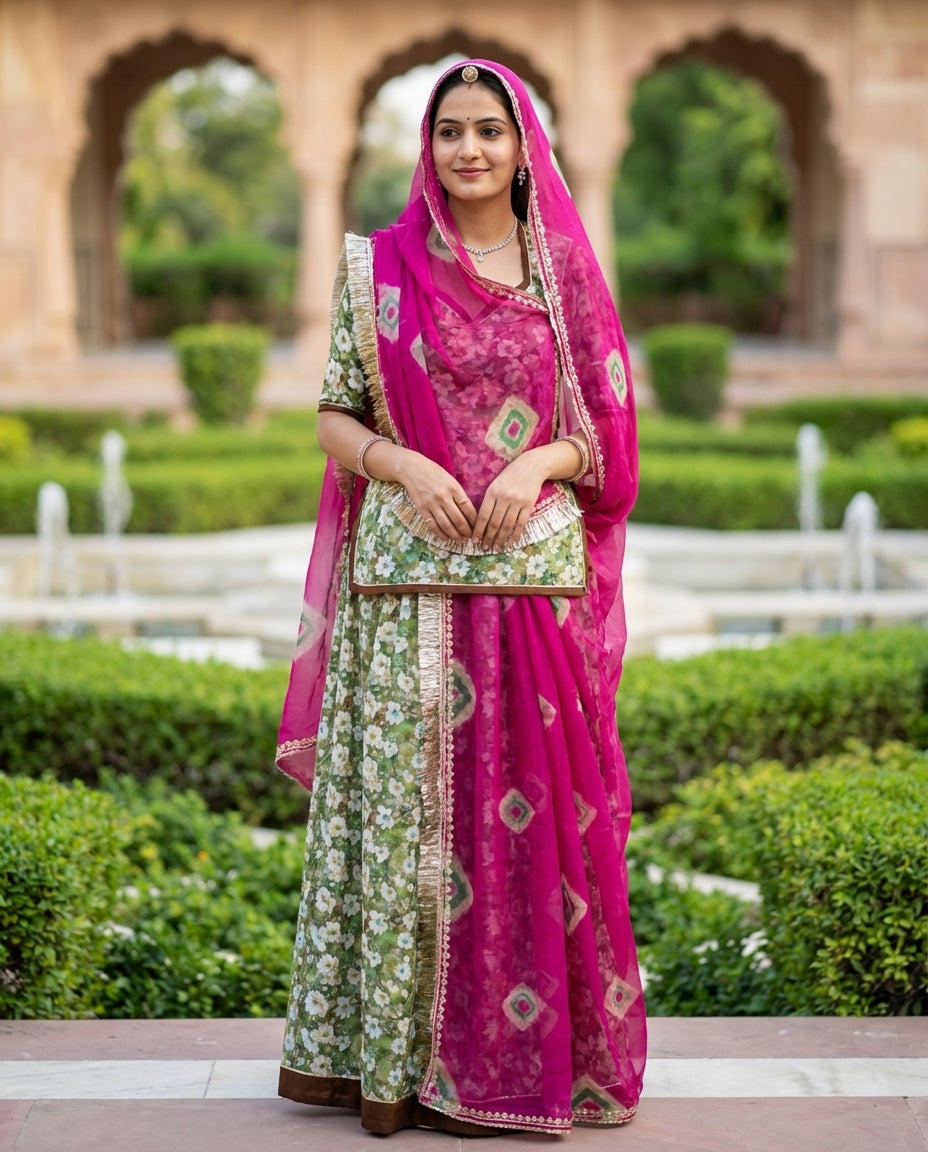 Olive Green Floral Rajputi Poshak Fabric with Rani Pink Bandhani Odhani | Soft Ethnic Wear