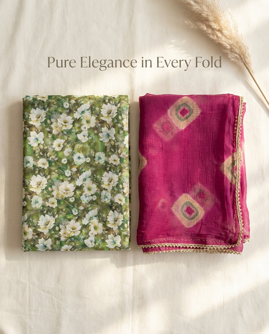 Olive Green Floral Rajputi Poshak Fabric with Rani Pink Bandhani Odhani | Soft Ethnic Wear