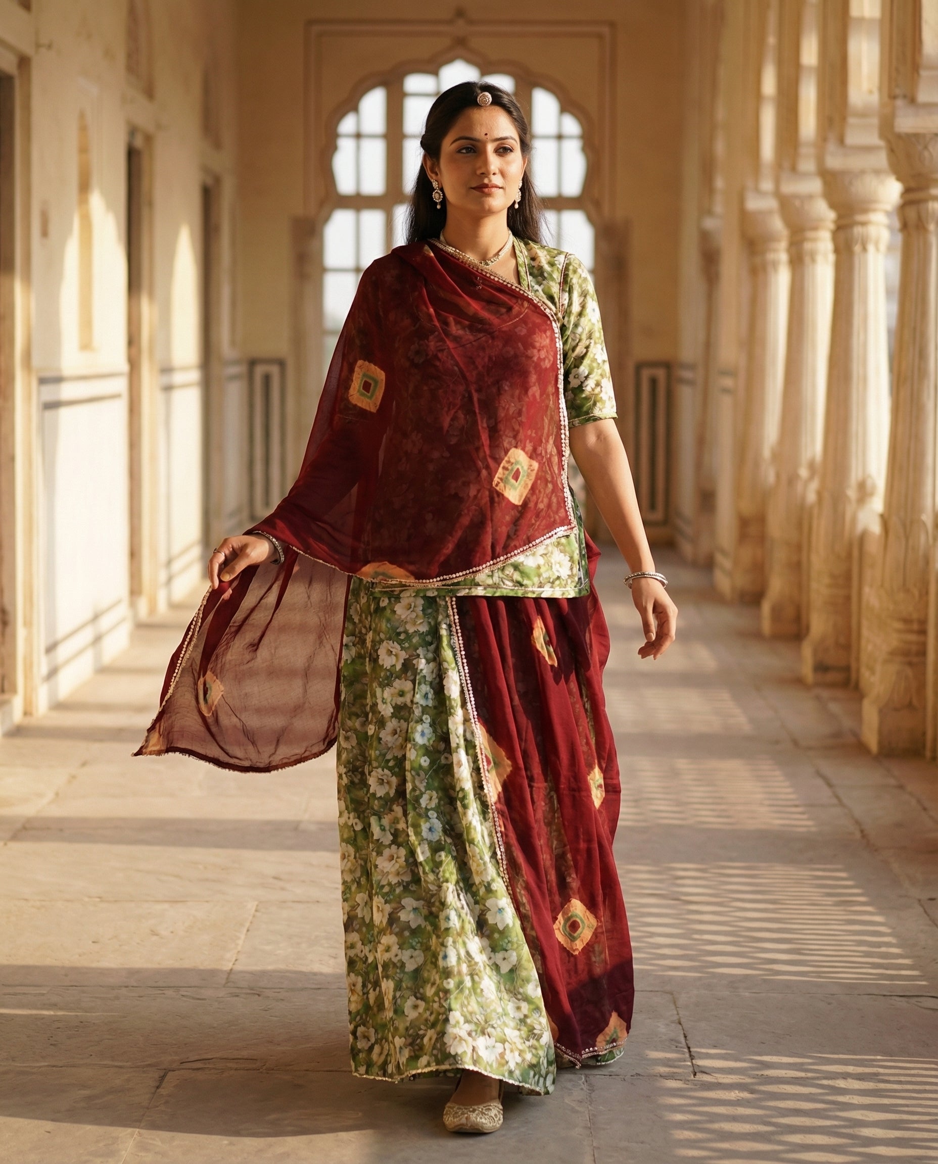 Olive Green Floral Rajputi Poshak Fabric (4 Meters) with Maroon Bandhani Odhani | Soft Traditional Wear