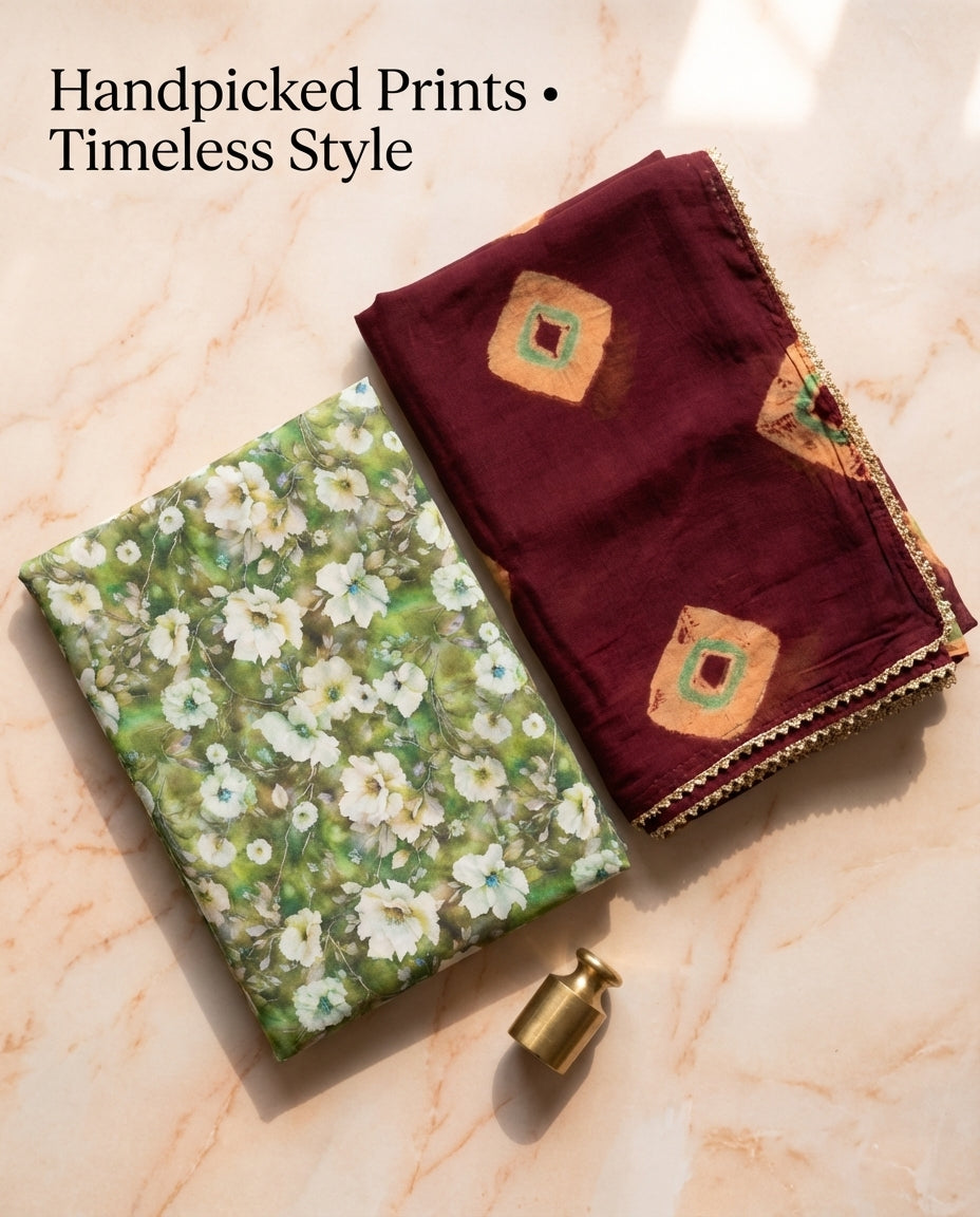 Olive Green Floral Rajputi Poshak Fabric (4 Meters) with Maroon Bandhani Odhani | Soft Traditional Wear