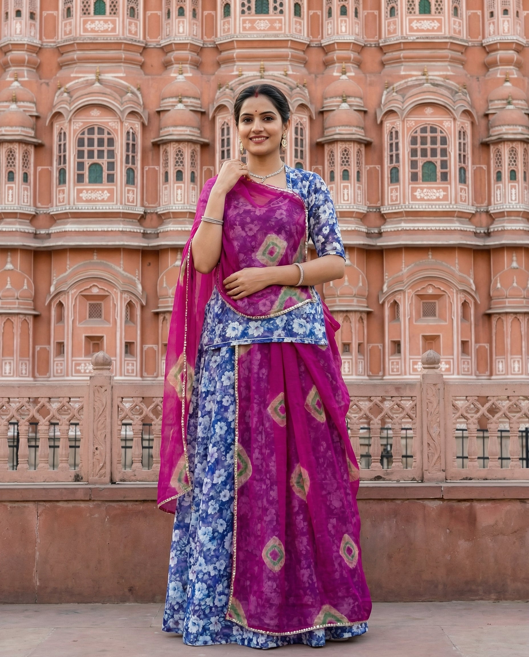 Royal Blue Floral Rajputi Poshak Fabric with Rani Pink Bandhani Odhani | Soft Ethnic Wear