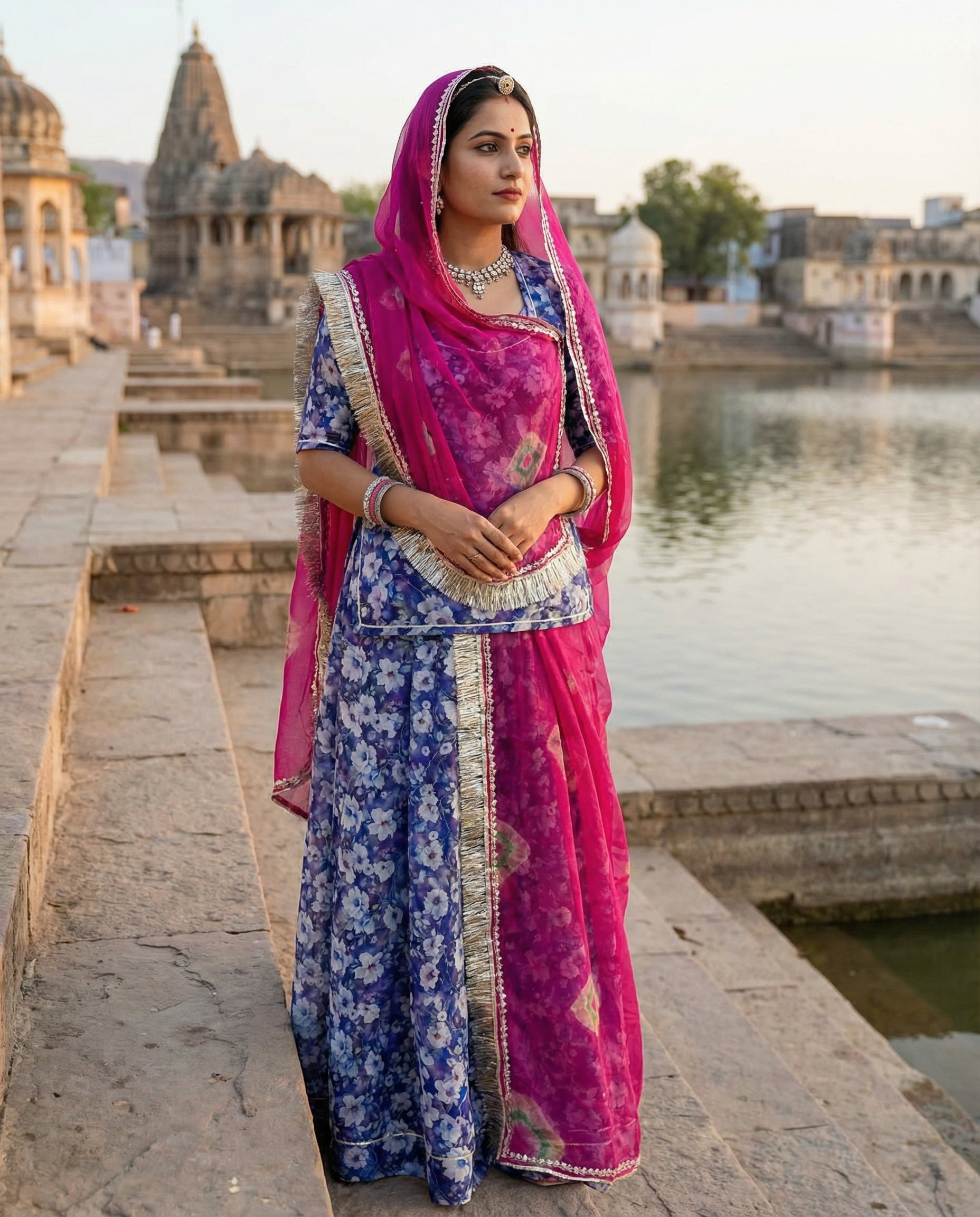 Royal Blue Floral Rajputi Poshak Fabric with Rani Pink Bandhani Odhani | Soft Ethnic Wear