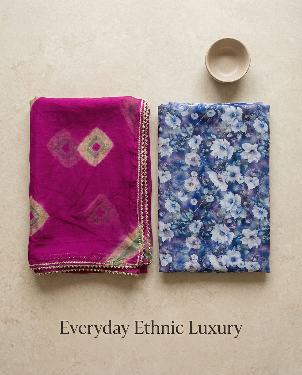 Royal Blue Floral Rajputi Poshak Fabric with Rani Pink Bandhani Odhani | Soft Ethnic Wear