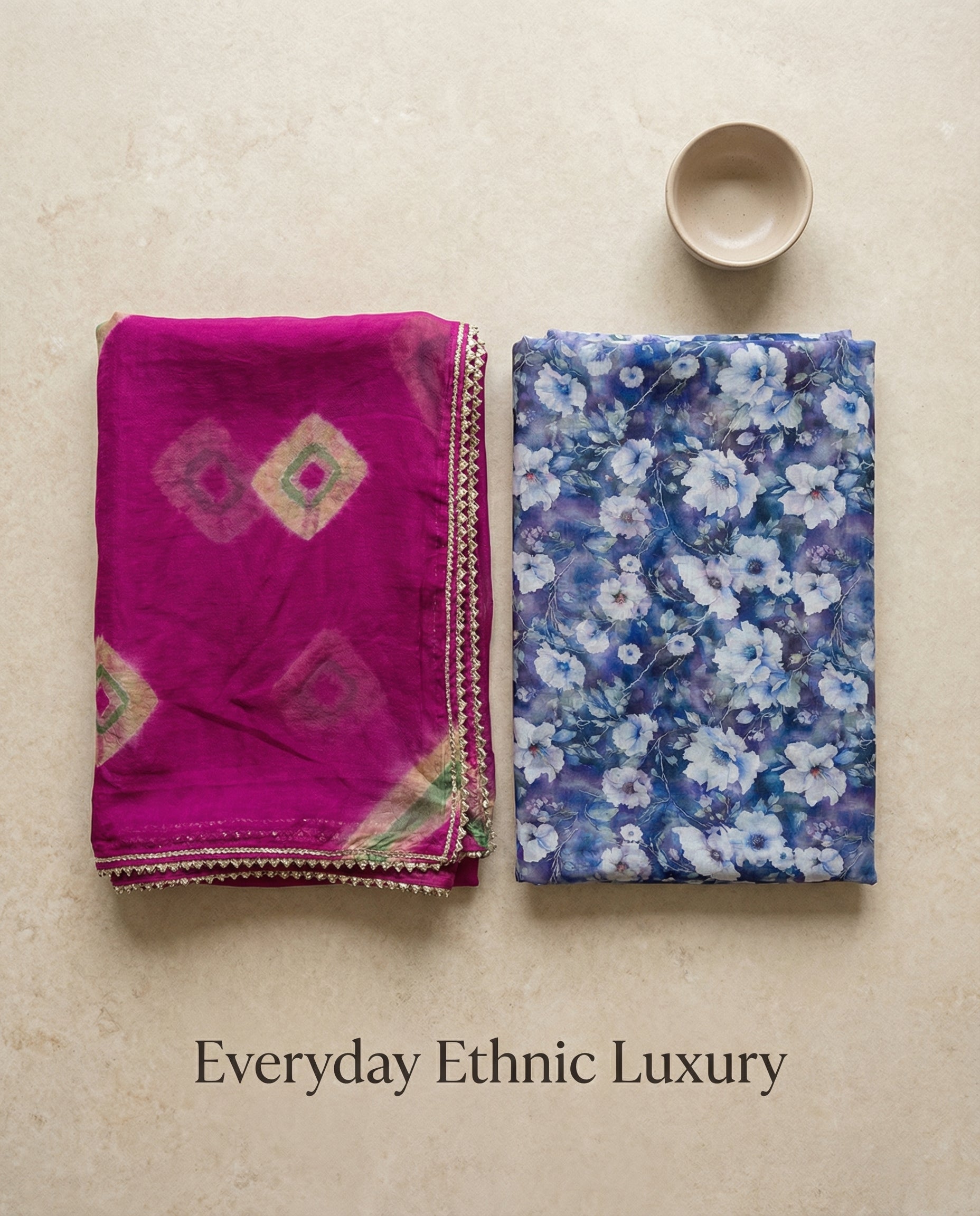 Royal Blue Floral Rajputi Poshak Fabric with Rani Pink Bandhani Odhani | Soft Ethnic Wear