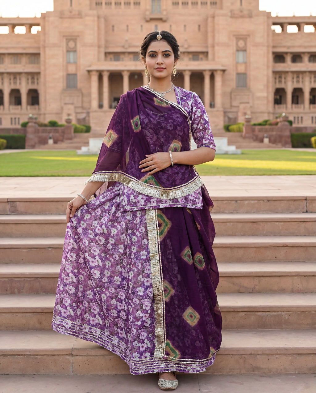 Lavender Purple Floral Rajputi Poshak Fabric (4 Meters) with Deep Wine Bandhani Odhani | Soft Traditional Wear