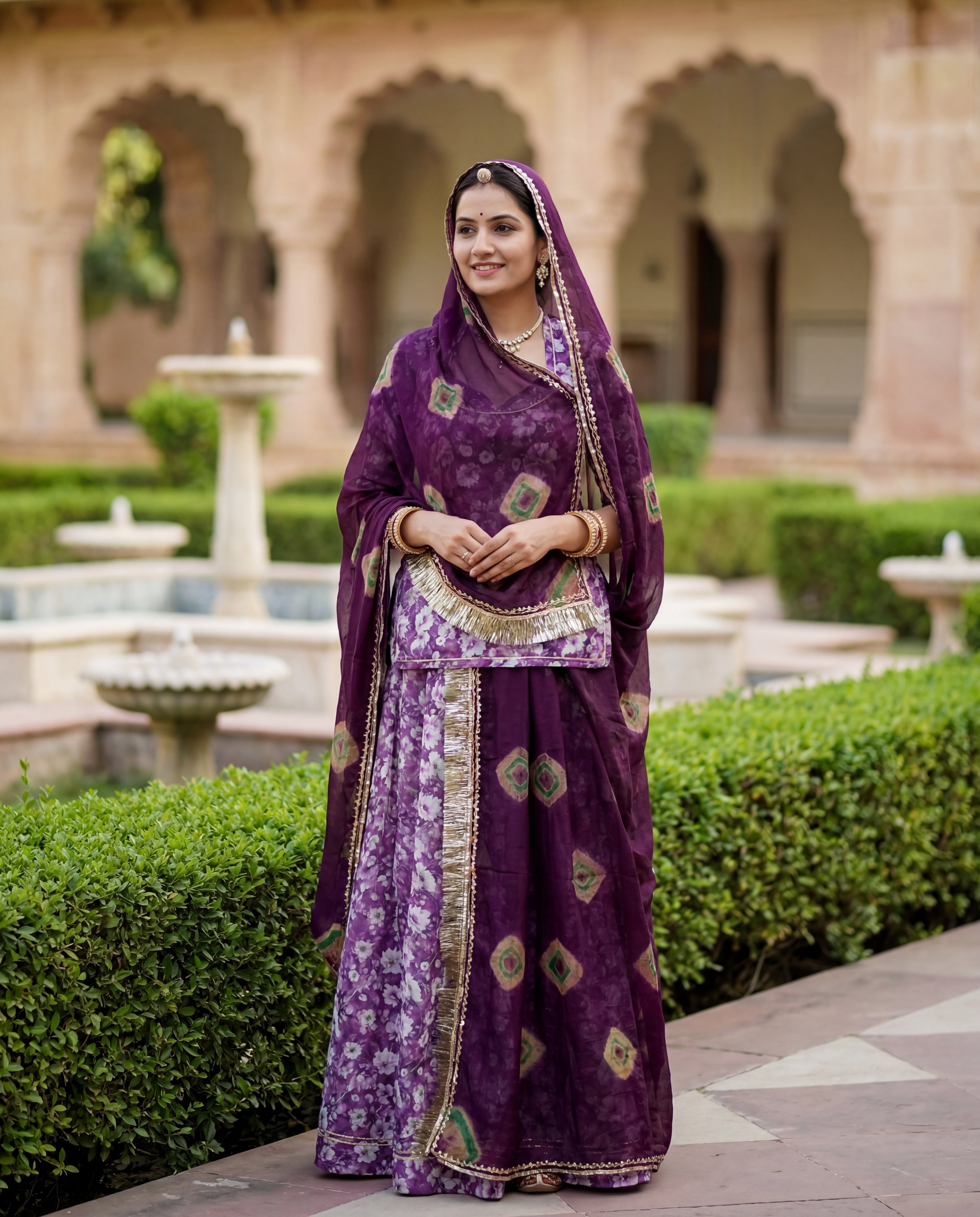 Lavender Purple Floral Rajputi Poshak Fabric (4 Meters) with Deep Wine Bandhani Odhani | Soft Traditional Wear