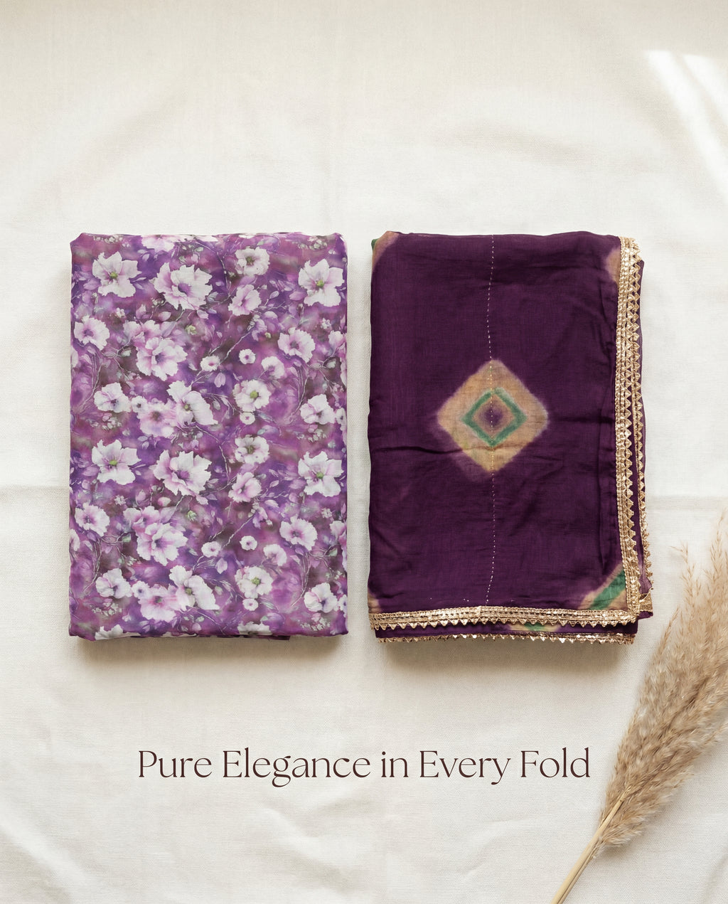 Lavender Purple Floral Rajputi Poshak Fabric (4 Meters) with Deep Wine Bandhani Odhani | Soft Traditional Wear