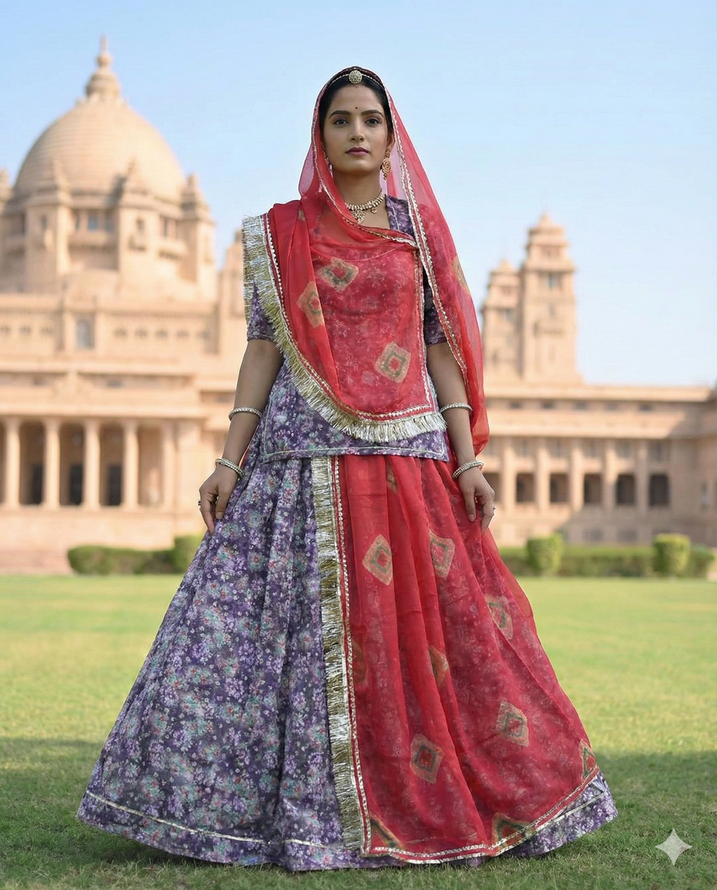 Plum Floral Rajputi Poshak Fabric with Classic Red Bandhani-Style Odhani | Soft Everyday Ethnic Wear