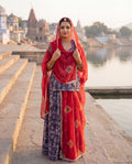Plum Floral Rajputi Poshak Fabric with Classic Red Bandhani-Style Odhani | Soft Everyday Ethnic Wear