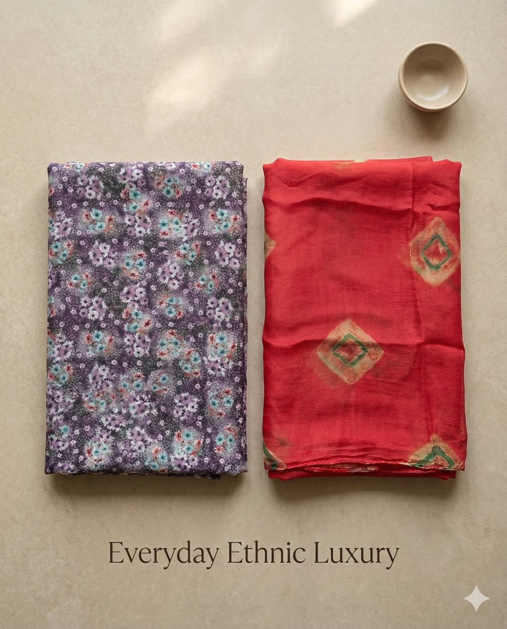 Plum Floral Rajputi Poshak Fabric with Classic Red Bandhani-Style Odhani | Soft Everyday Ethnic Wear