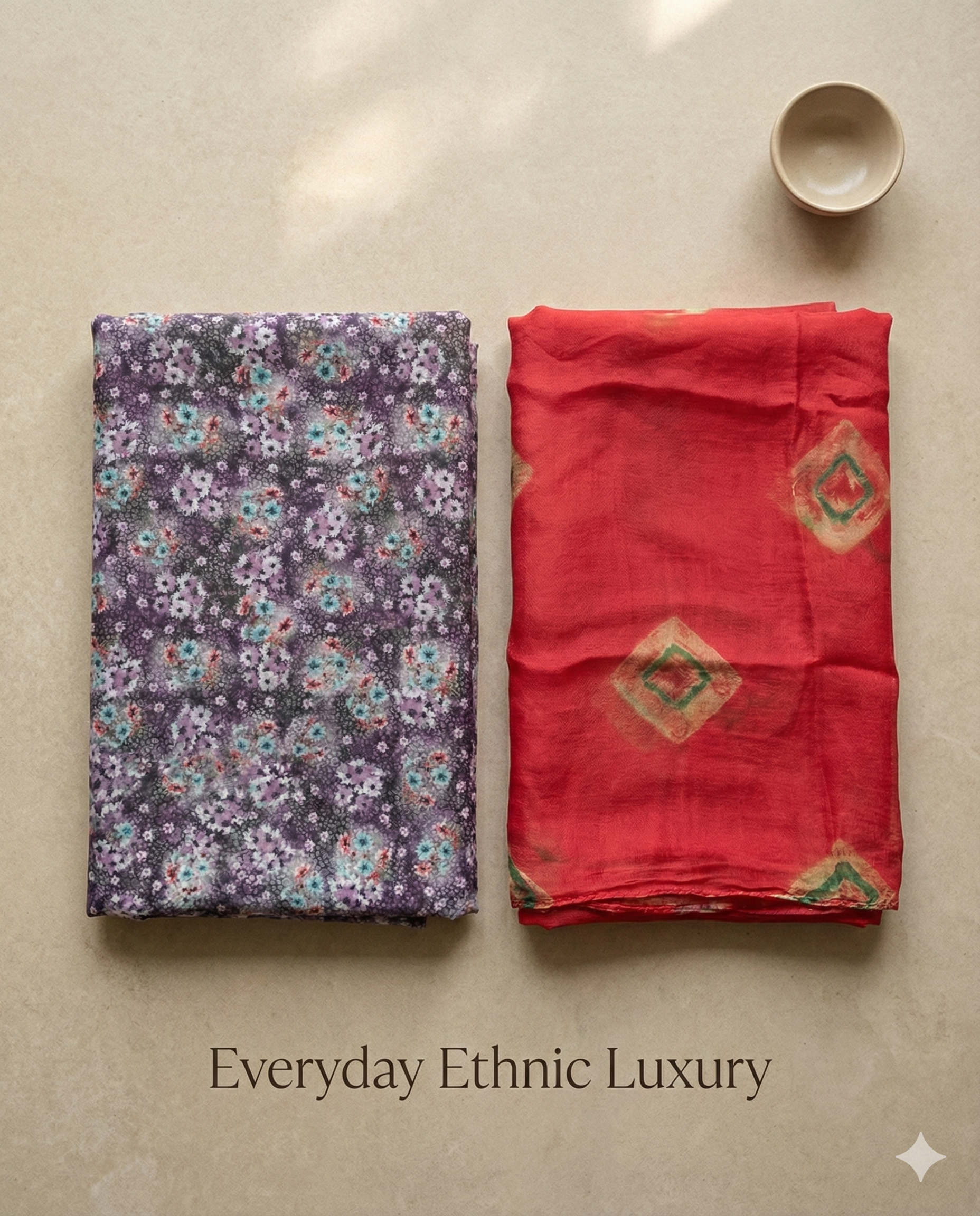 Plum Floral Rajputi Poshak Fabric with Classic Red Bandhani-Style Odhani | Soft Everyday Ethnic Wear