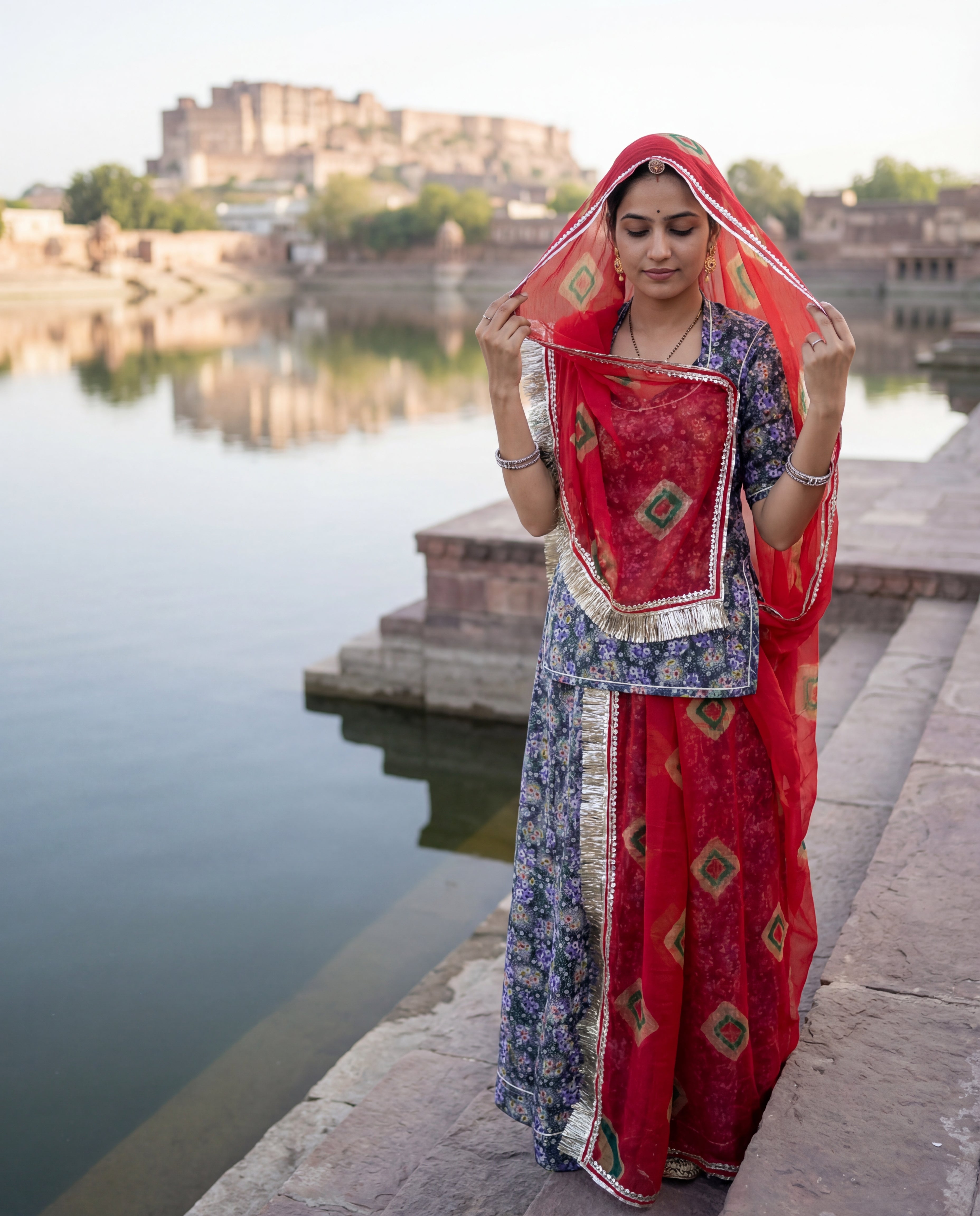 Midnight Blue Floral Rajputi Poshak Fabric with Classic Red Bandhani Odhani | Soft Traditional Wear