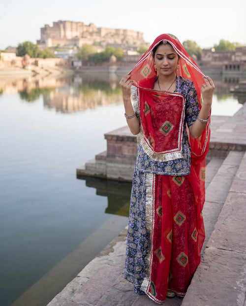 Midnight Blue Floral Rajputi Poshak Fabric (4 Meters) with Classic Red Bandhani Odhani | Soft Traditional Wear