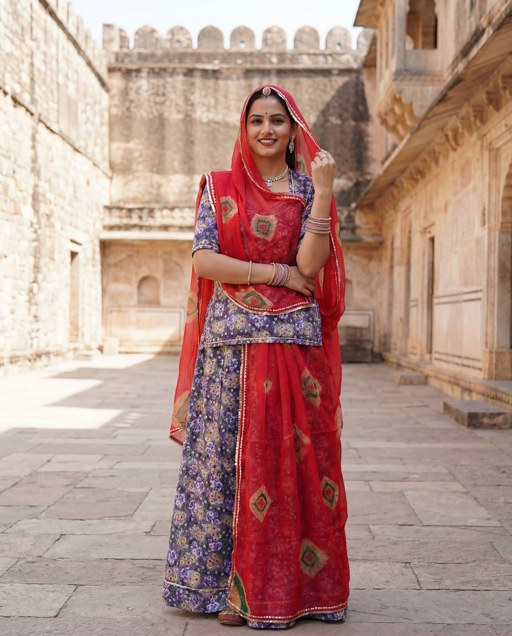 Midnight Blue Floral Rajputi Poshak Fabric with Classic Red Bandhani Odhani | Soft Traditional Wear
