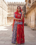 Midnight Blue Floral Rajputi Poshak Fabric with Classic Red Bandhani Odhani | Soft Traditional Wear