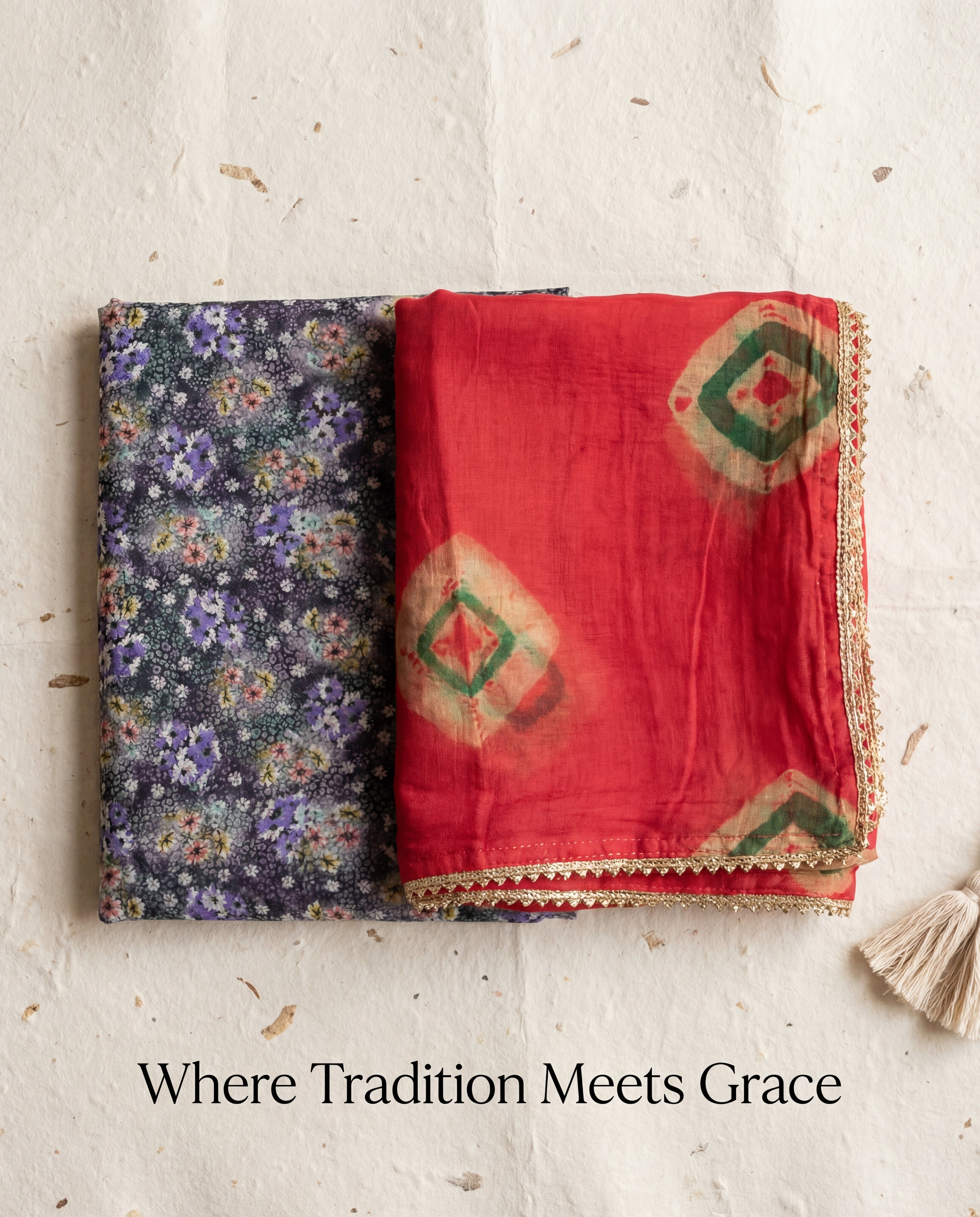 Midnight Blue Floral Rajputi Poshak Fabric with Classic Red Bandhani Odhani | Soft Traditional Wear