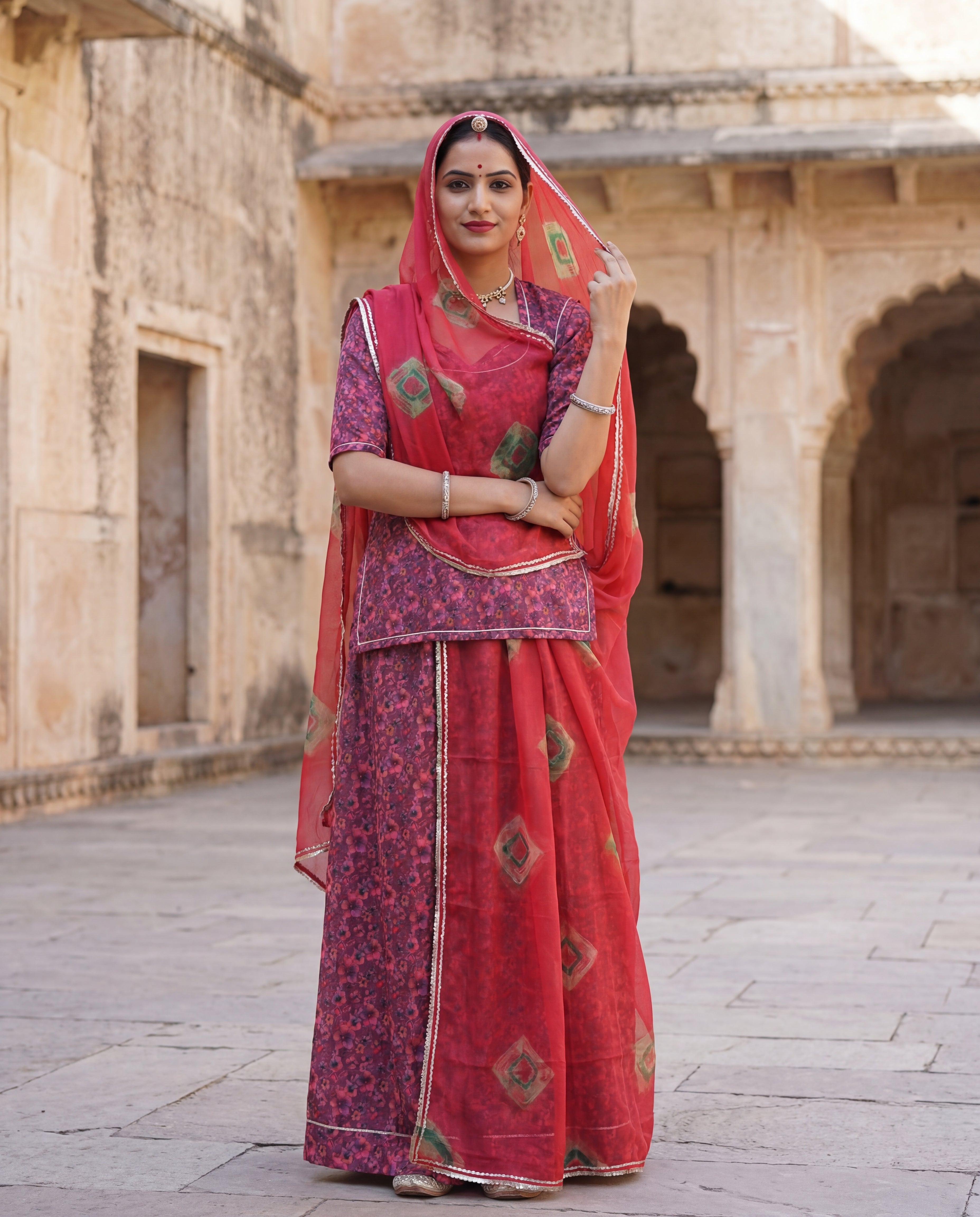 Red Floral Rajputi Poshak Fabric with Coral Red Bandhani Odhani | Soft Ethnic Wear
