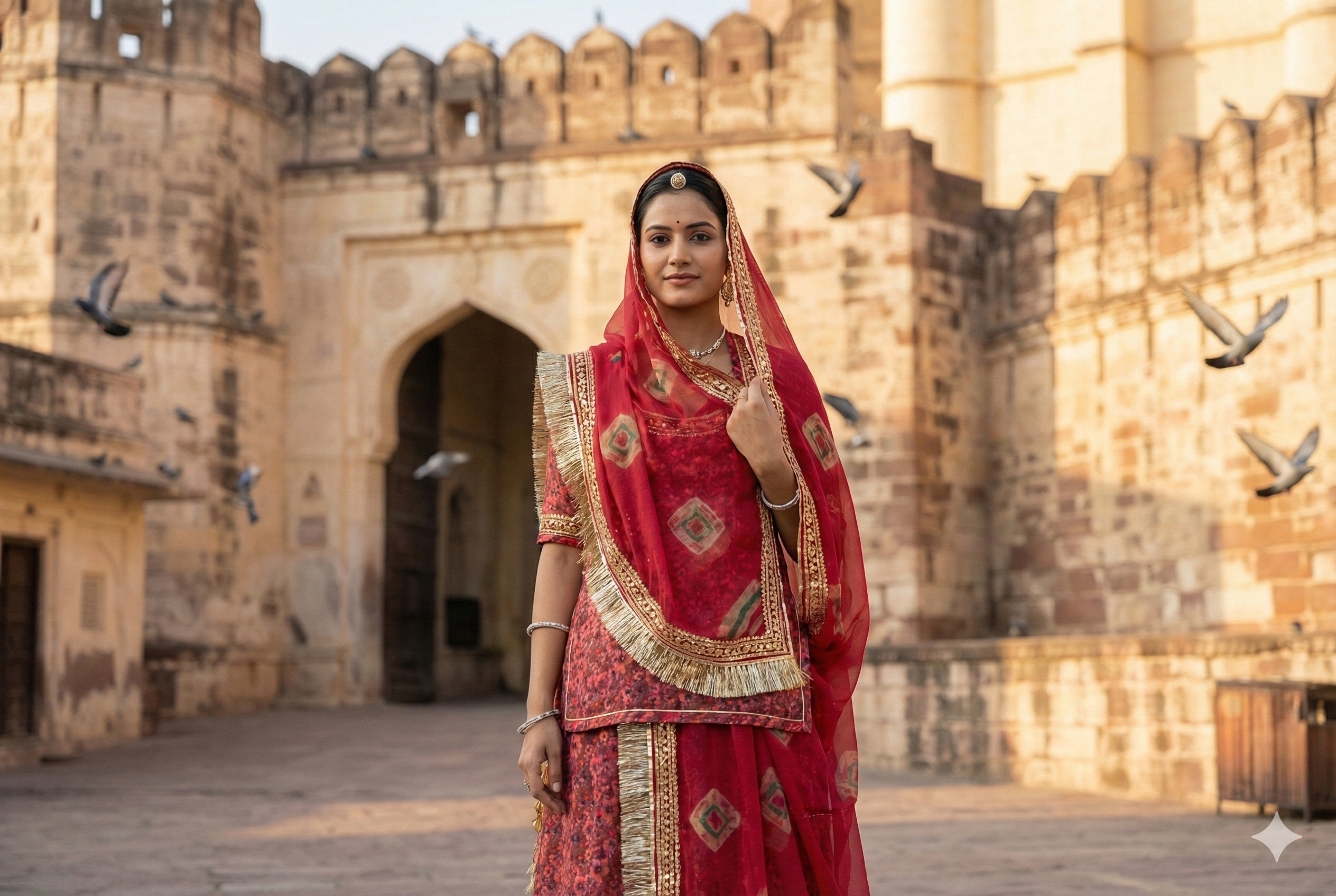 Red Floral Rajputi Poshak Fabric with Coral Red Bandhani Odhani | Soft Ethnic Wear