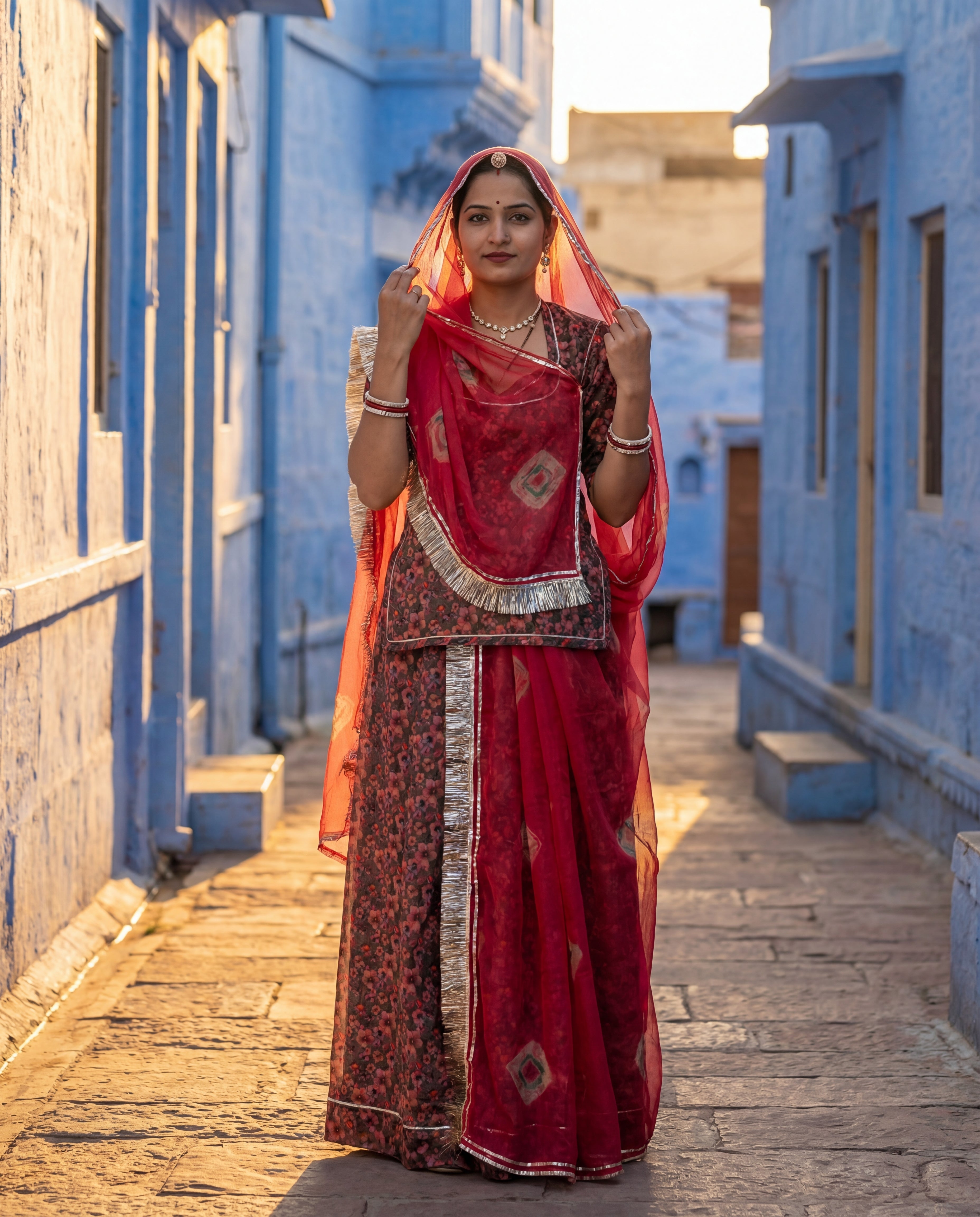 Charcoal Floral Rajputi Poshak Fabric with Coral Red Bandhani Odhani | Soft Traditional Wear (4 Meter / 5 Meter)