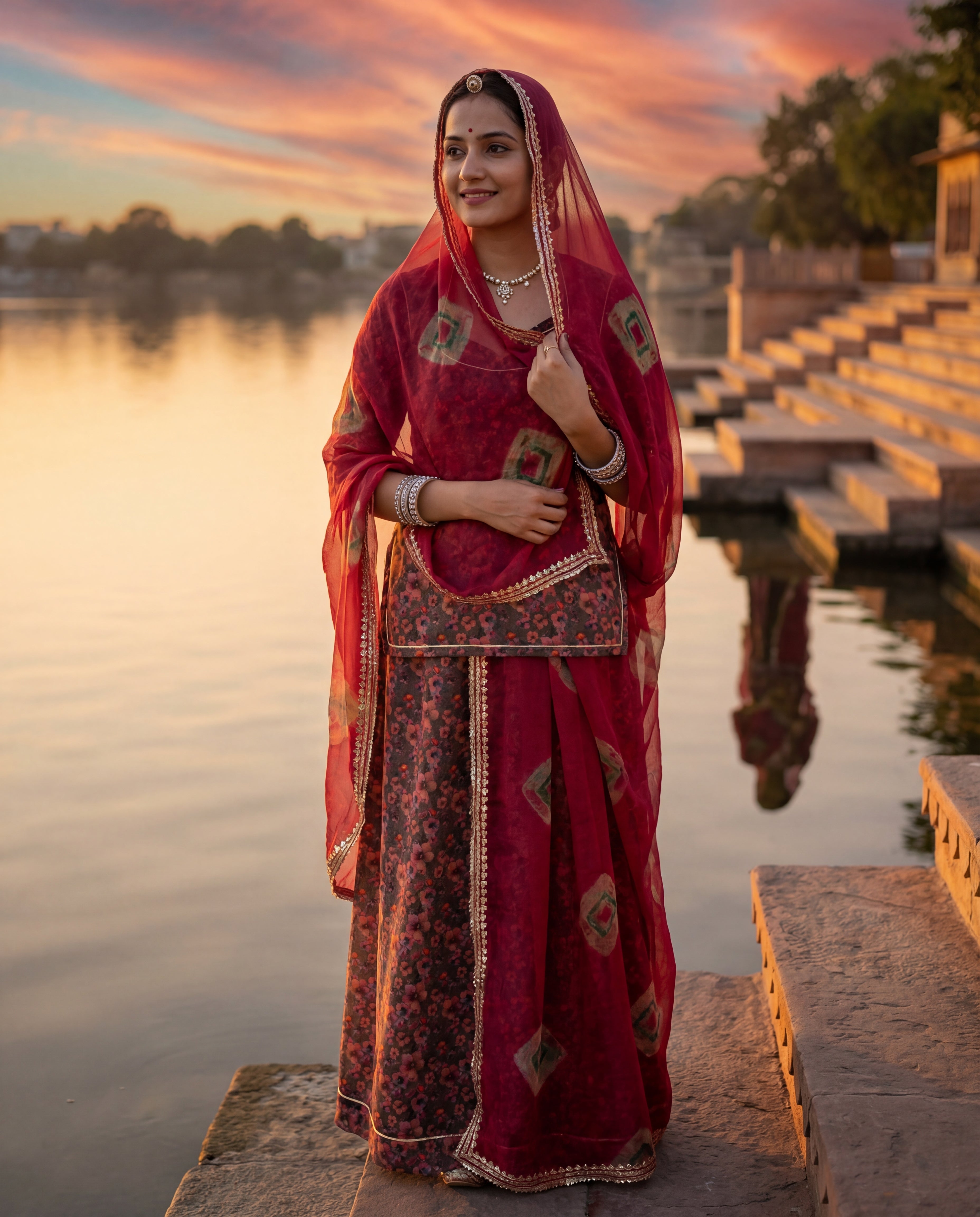 Charcoal Floral Rajputi Poshak Fabric with Coral Red Bandhani Odhani | Soft Traditional Wear (4 Meter / 5 Meter)