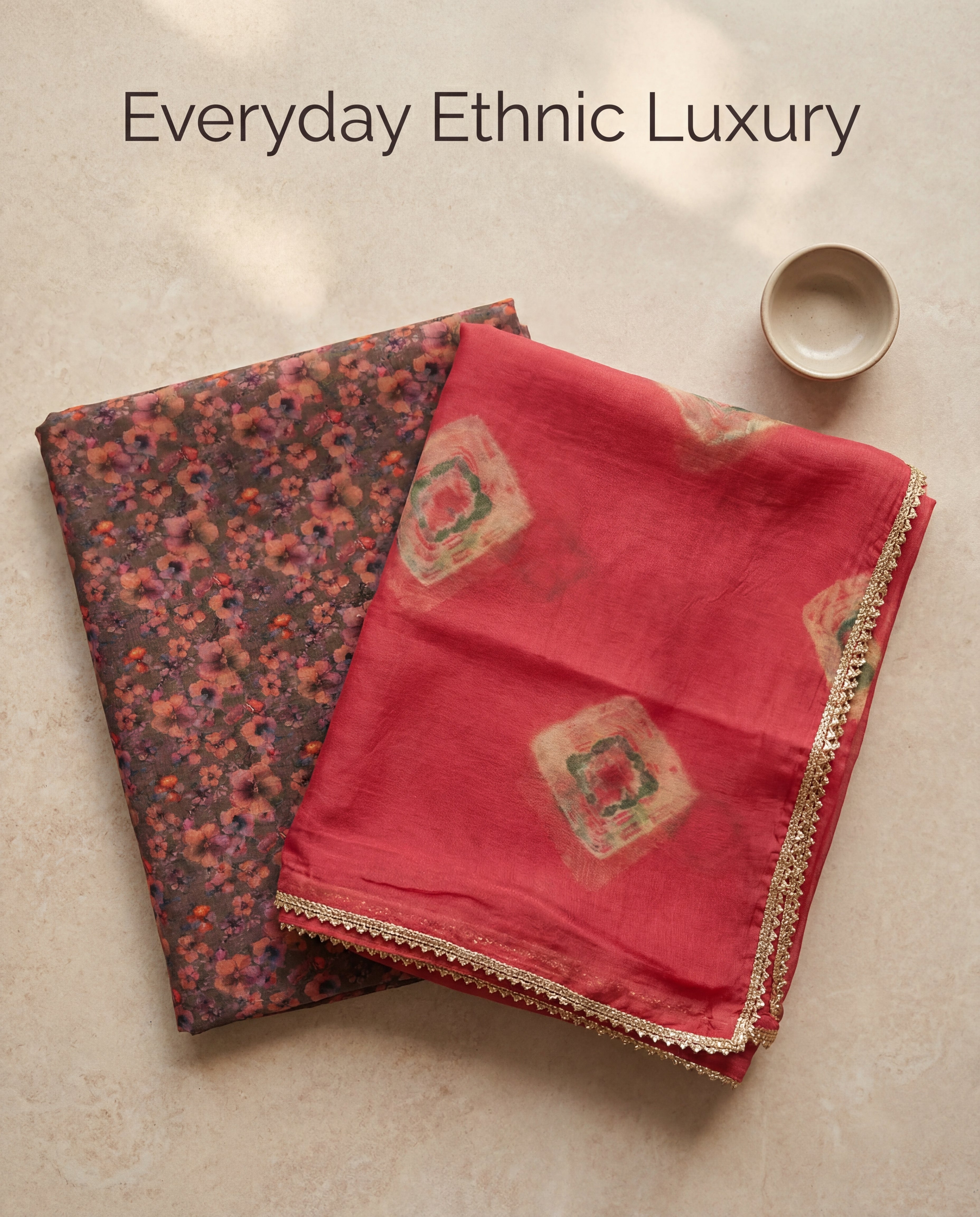 Charcoal Floral Rajputi Poshak Fabric with Coral Red Bandhani Odhani | Soft Traditional Wear (4 Meter / 5 Meter)