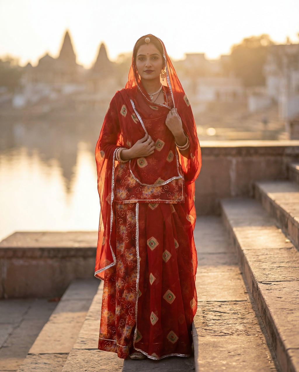 Deep Red Floral Rajputi Poshak Fabric with Classic Red Bandhani Odhani | Soft Traditional Wear (4 Meter / 5 Meter)