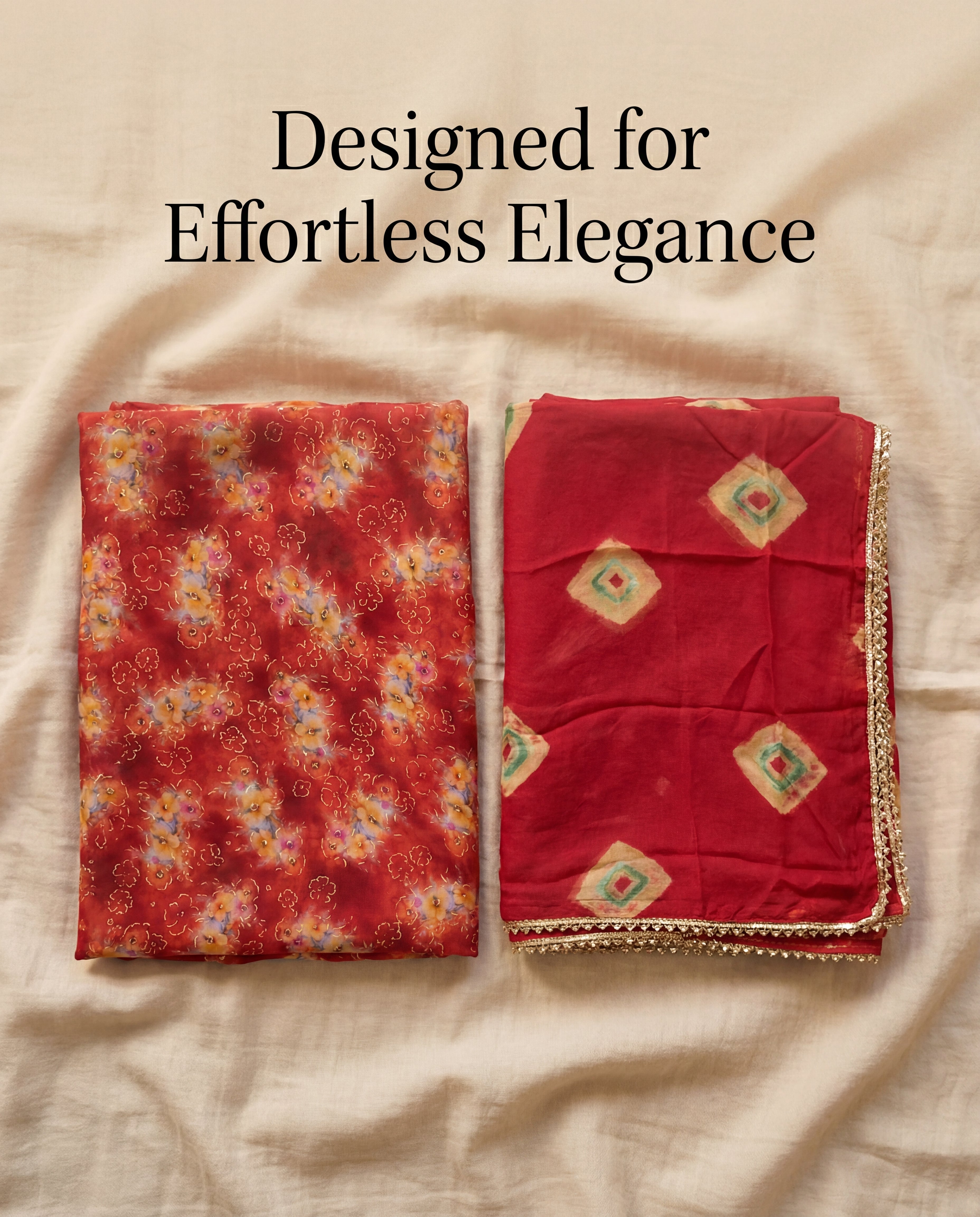 Deep Red Floral Rajputi Poshak Fabric with Classic Red Bandhani Odhani | Soft Traditional Wear (4 Meter / 5 Meter)