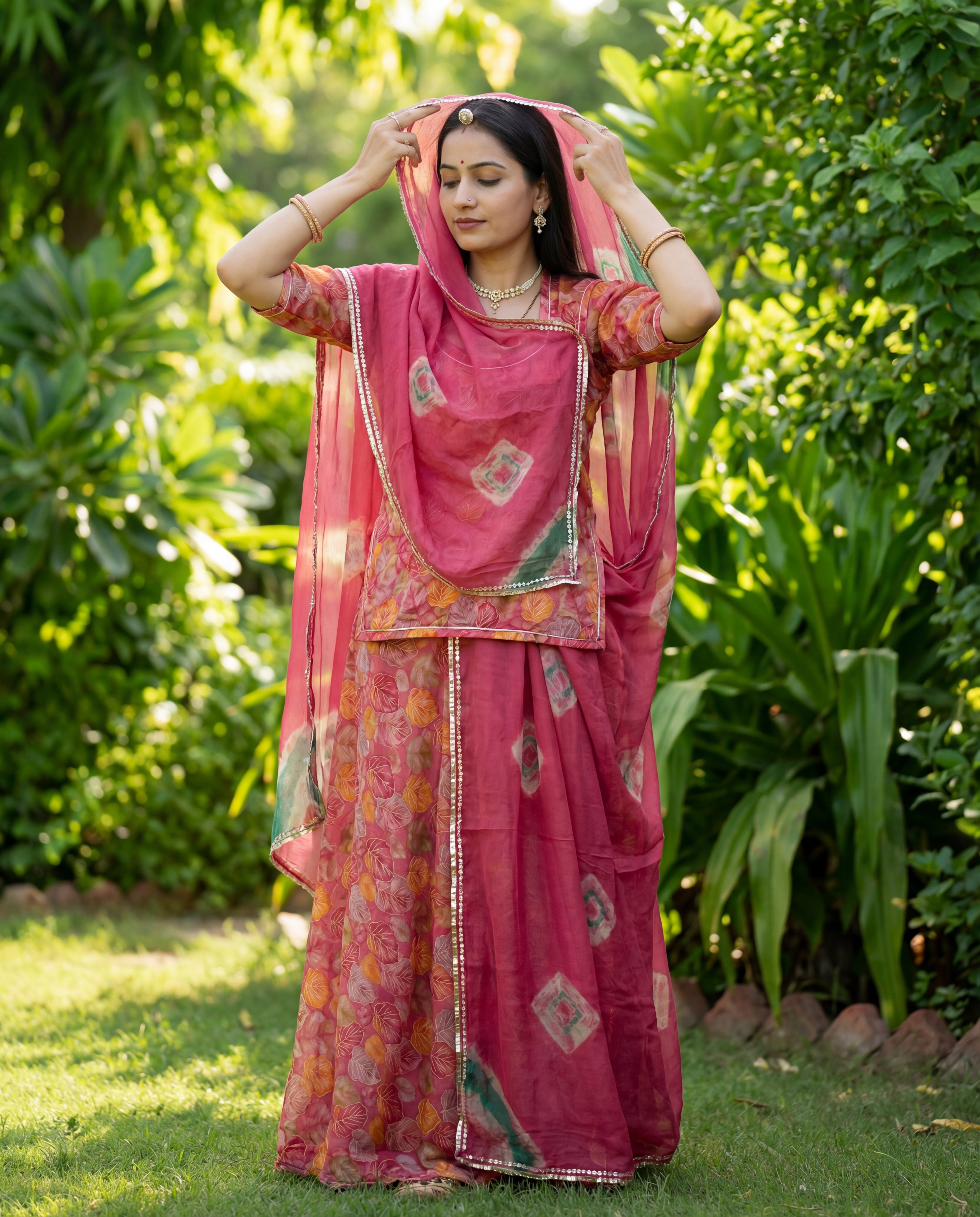 Rose Pink Leaf Print Rajputi Poshak Fabric with Matching Odhani | Soft Traditional Wear (4 Meter / 5 Meter)