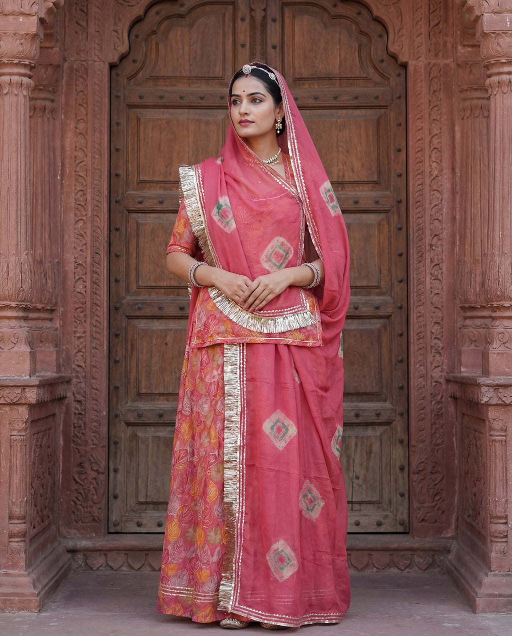 Rose Pink Leaf Print Rajputi Poshak Fabric with Matching Odhani | Soft Traditional Wear (4 Meter / 5 Meter)