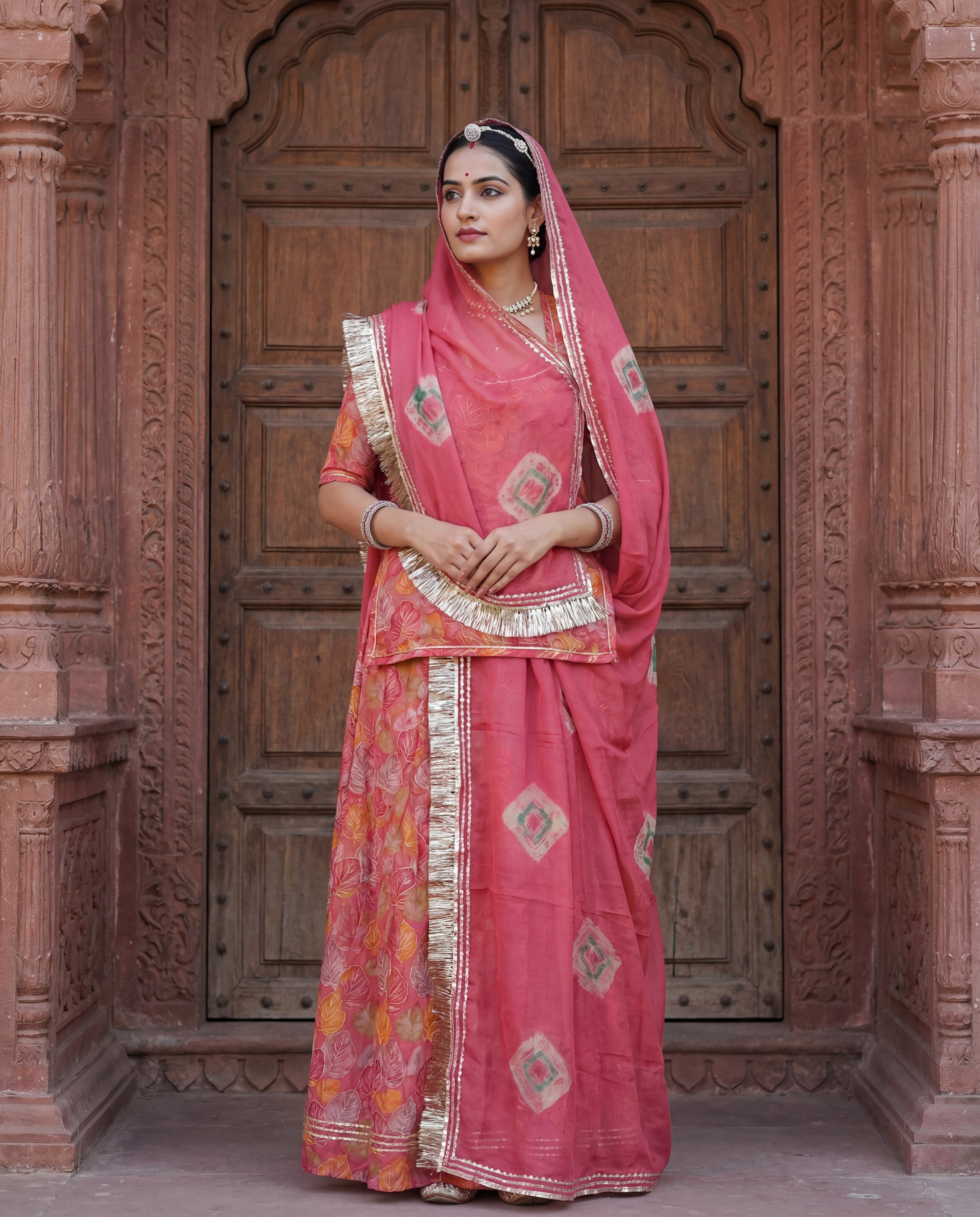 Rose Pink Leaf Print Rajputi Poshak Fabric with Matching Odhani | Soft Traditional Wear (4 Meter / 5 Meter)