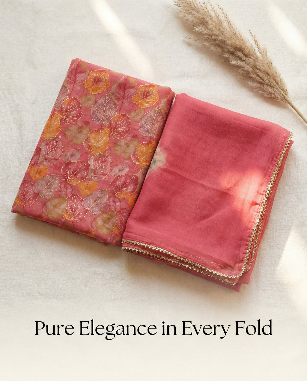 Rose Pink Leaf Print Rajputi Poshak Fabric with Matching Odhani | Soft Traditional Wear (4 Meter / 5 Meter)