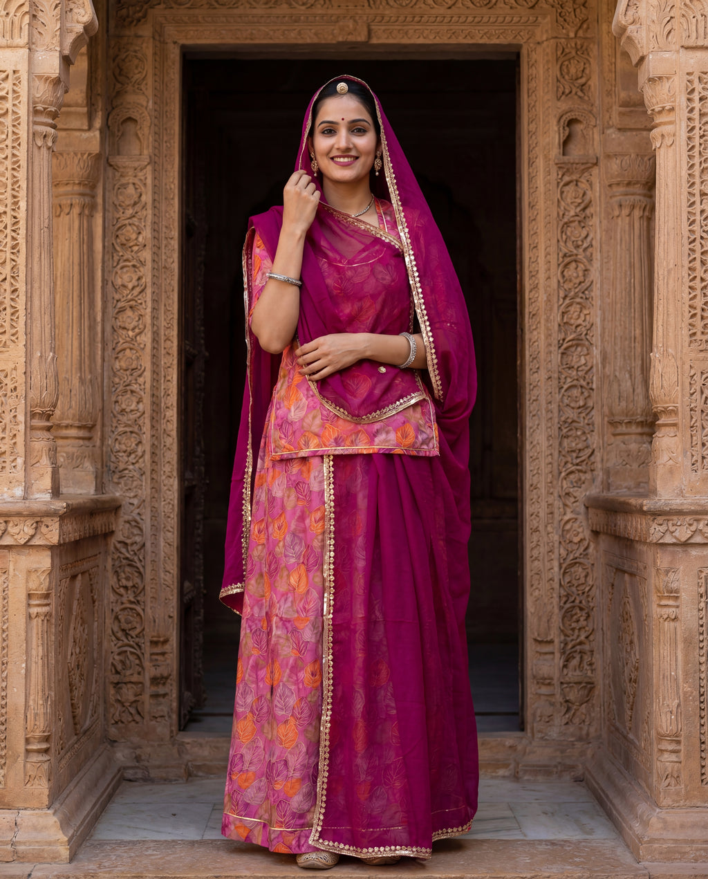 Deep Rose Leaf Print Rajputi Poshak Fabric with Wine Pink Odhani | Soft Traditional Wear (4 Meter / 5 Meter)