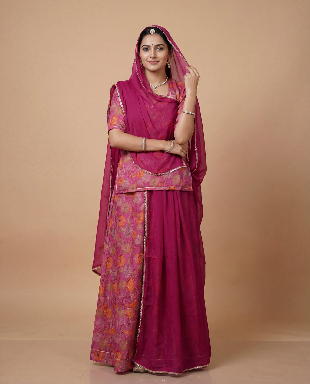 Deep Rose Leaf Print Rajputi Poshak Fabric with Wine Pink Odhani | Soft Traditional Wear (4 Meter / 5 Meter)