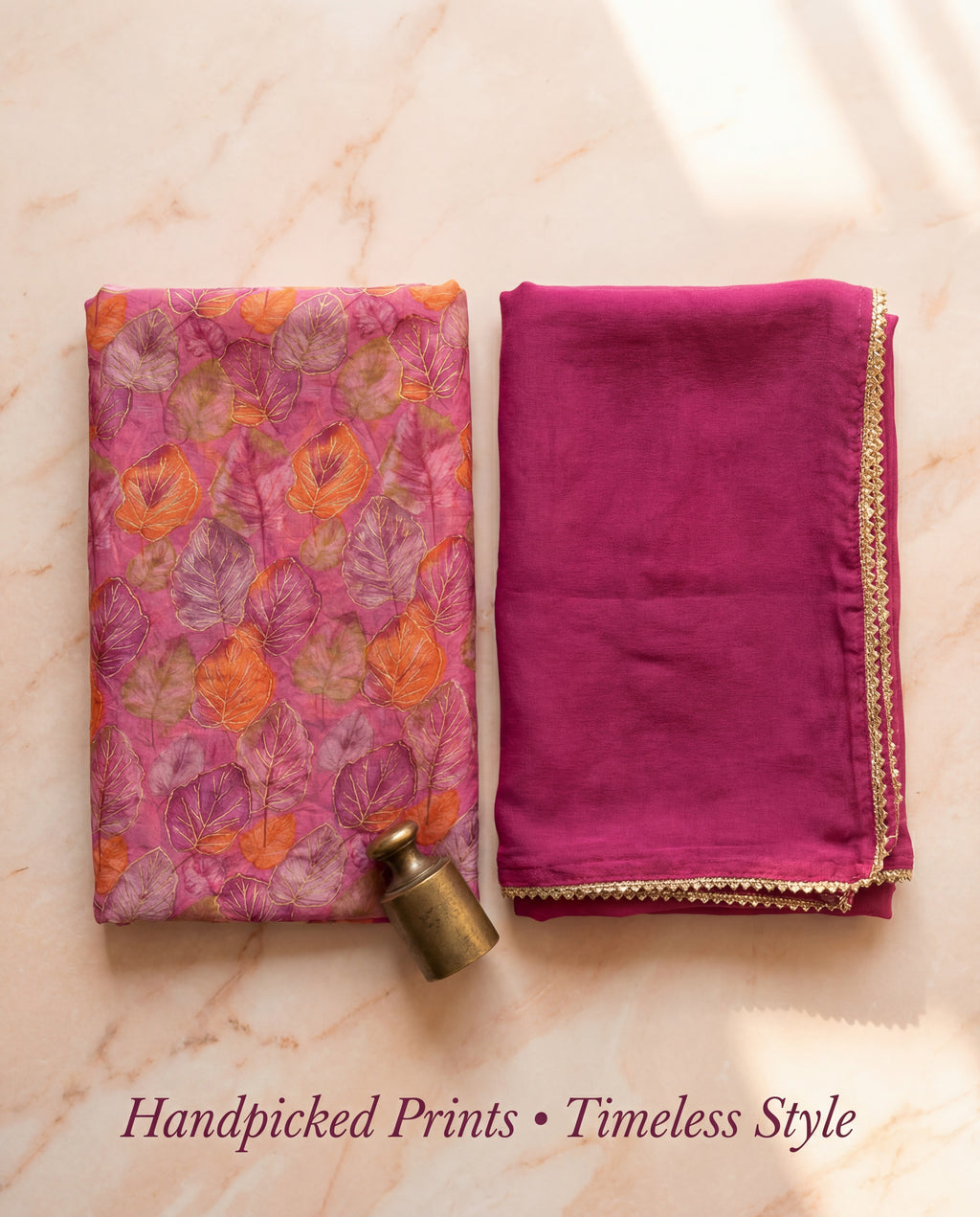 Deep Rose Leaf Print Rajputi Poshak Fabric with Wine Pink Odhani | Soft Traditional Wear (4 Meter / 5 Meter)