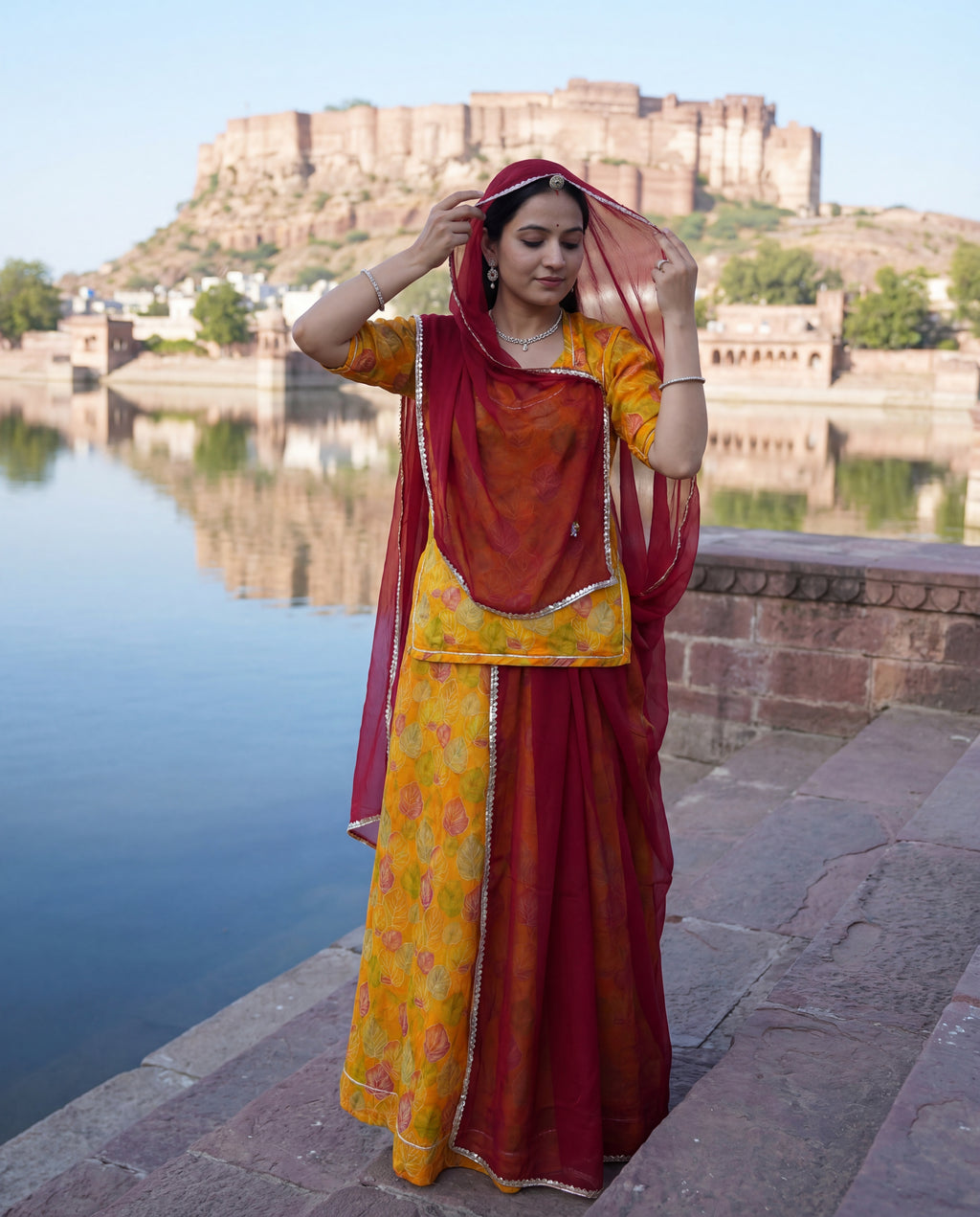 Mustard Yellow Leaf Print Rajputi Poshak Fabric with Maroon Odhani | Soft Traditional Wear (4 Meter / 5 Meter)