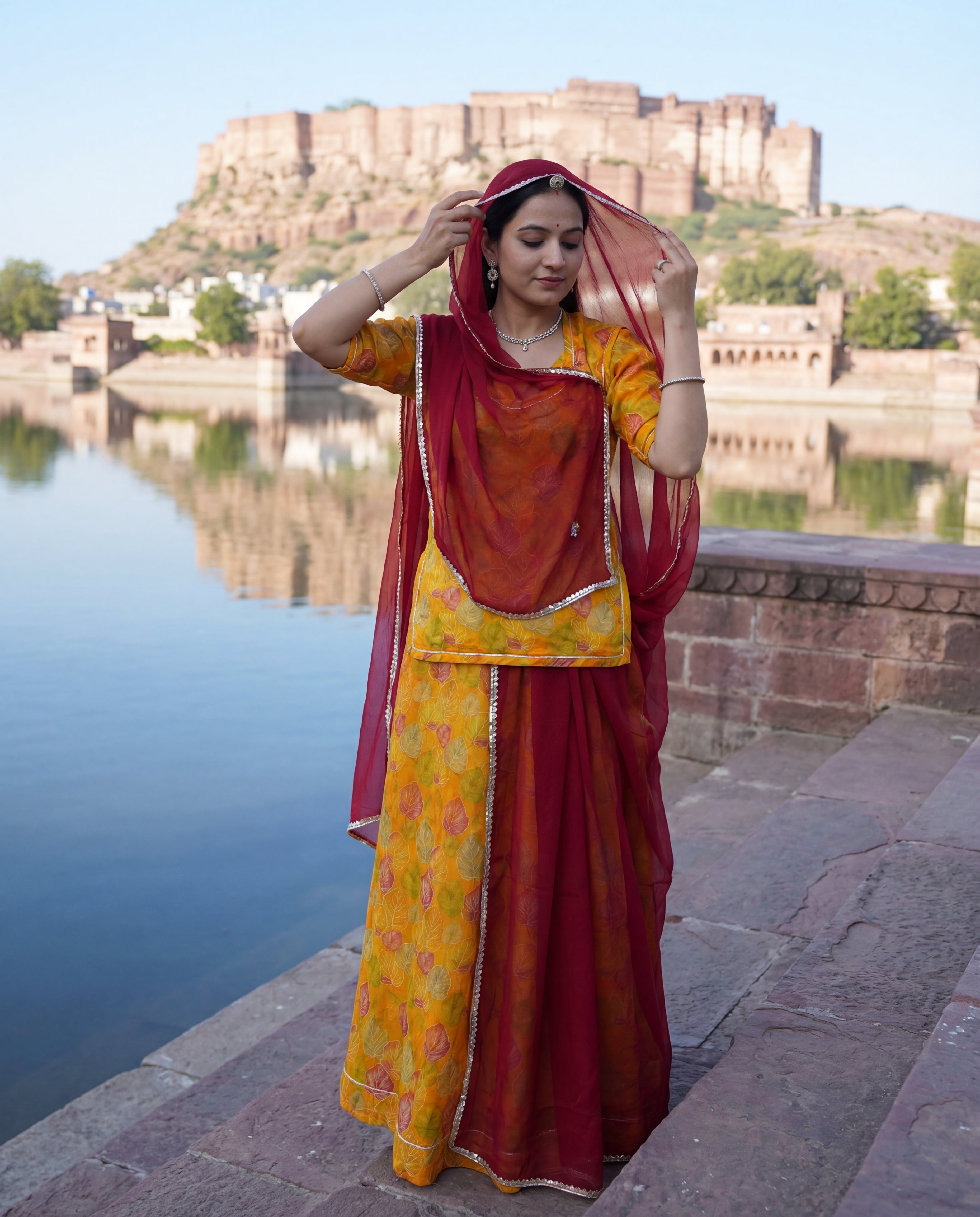 Mustard Yellow Leaf Print Rajputi Poshak Fabric with Maroon Odhani | Soft Traditional Wear (4 Meter / 5 Meter)