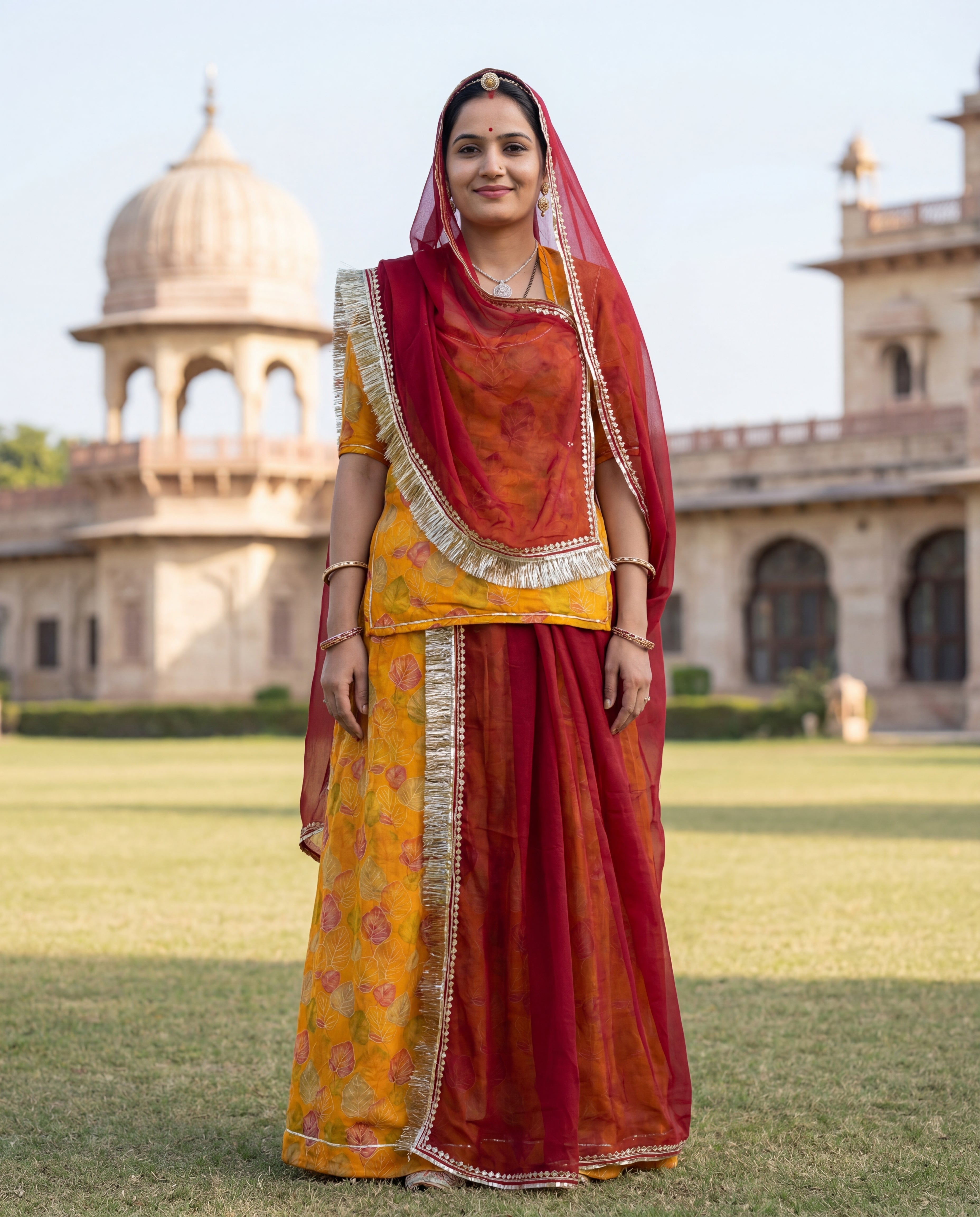 Mustard Yellow Leaf Print Rajputi Poshak Fabric with Maroon Odhani | Soft Traditional Wear (4 Meter / 5 Meter)