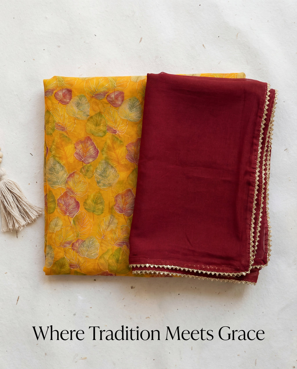 Mustard Yellow Leaf Print Rajputi Poshak Fabric with Maroon Odhani | Soft Traditional Wear (4 Meter / 5 Meter)