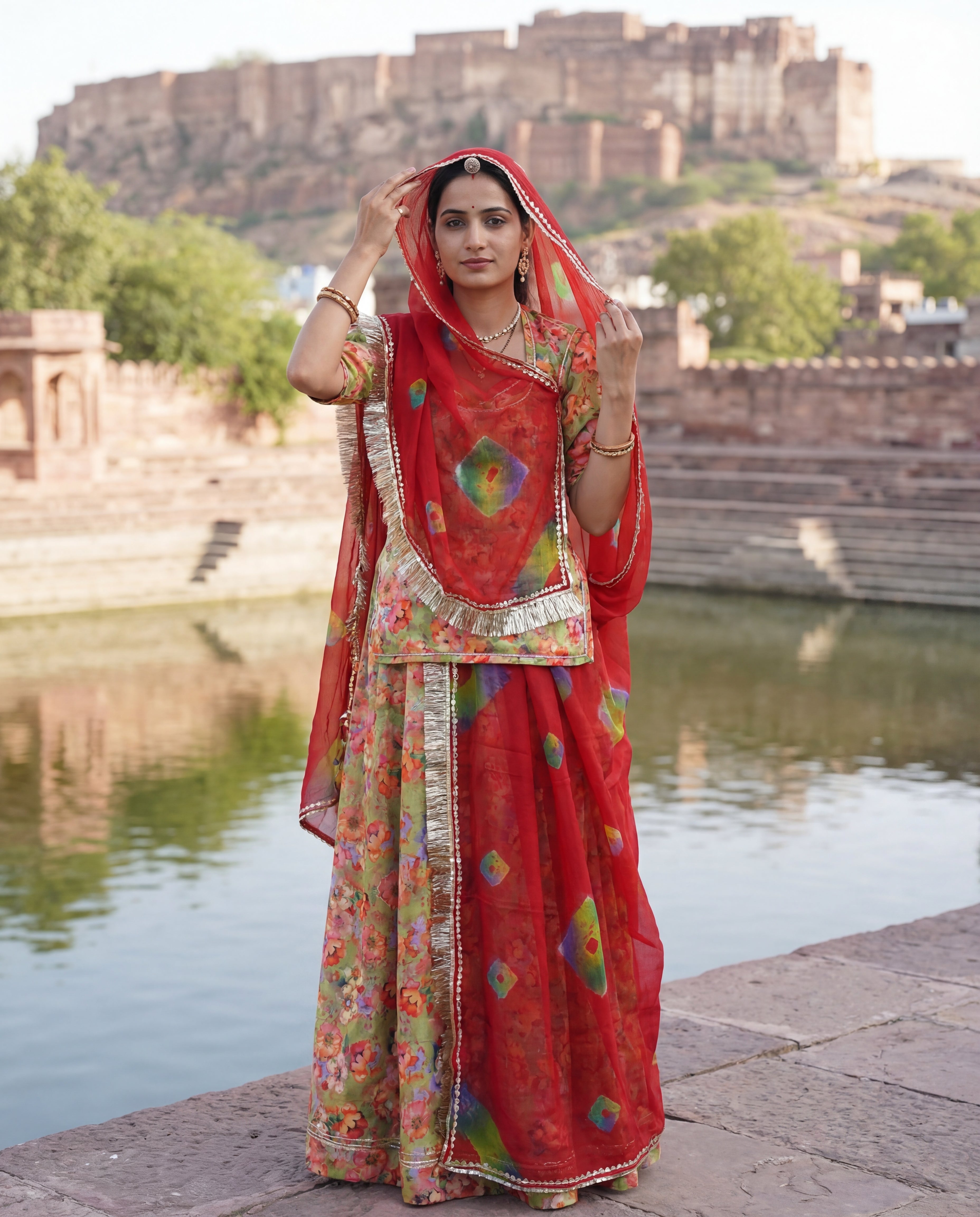 Olive Green Floral Rajputi Poshak Fabric with Red Bandhani Odhani | Soft Traditional Wear (4 Meter / 5 Meter)