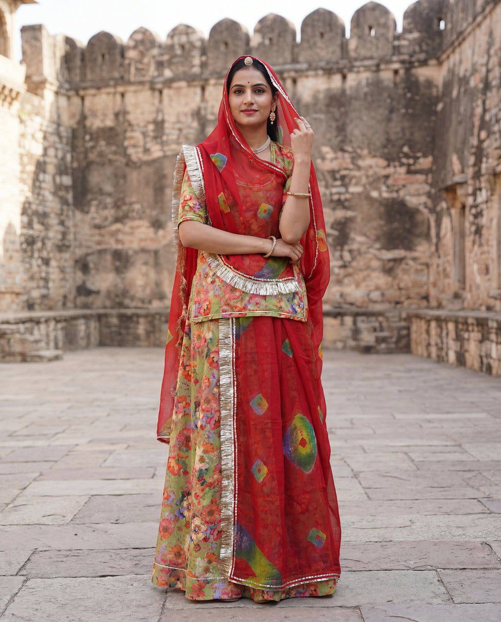Olive Green Floral Rajputi Poshak Fabric with Red Bandhani Odhani | Soft Traditional Wear (4 Meter / 5 Meter)