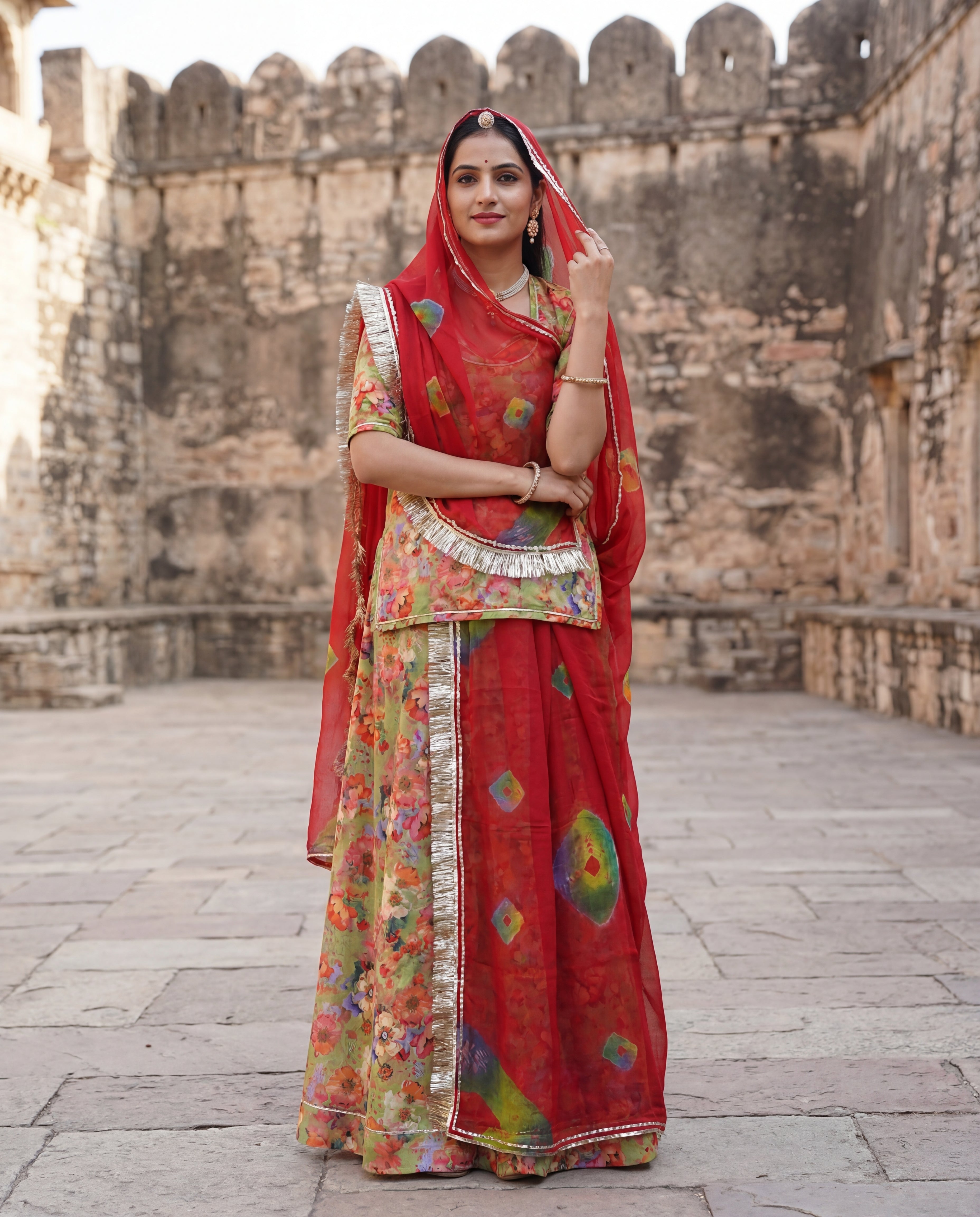 Olive Green Floral Rajputi Poshak Fabric with Red Bandhani Odhani | Soft Traditional Wear (4 Meter / 5 Meter)